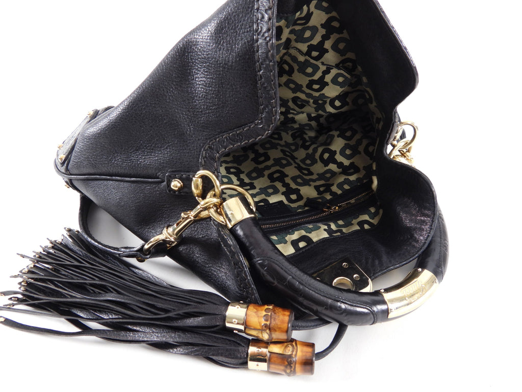 Gucci Black Indy Baboushka Medium Hobo Bamboo Tassel Bag