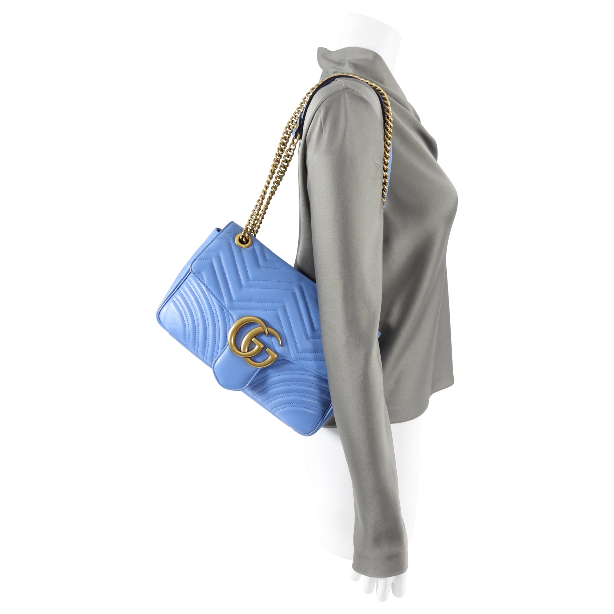 Gucci Blue Leather Medium Quilted Marmont Shoulder Bag