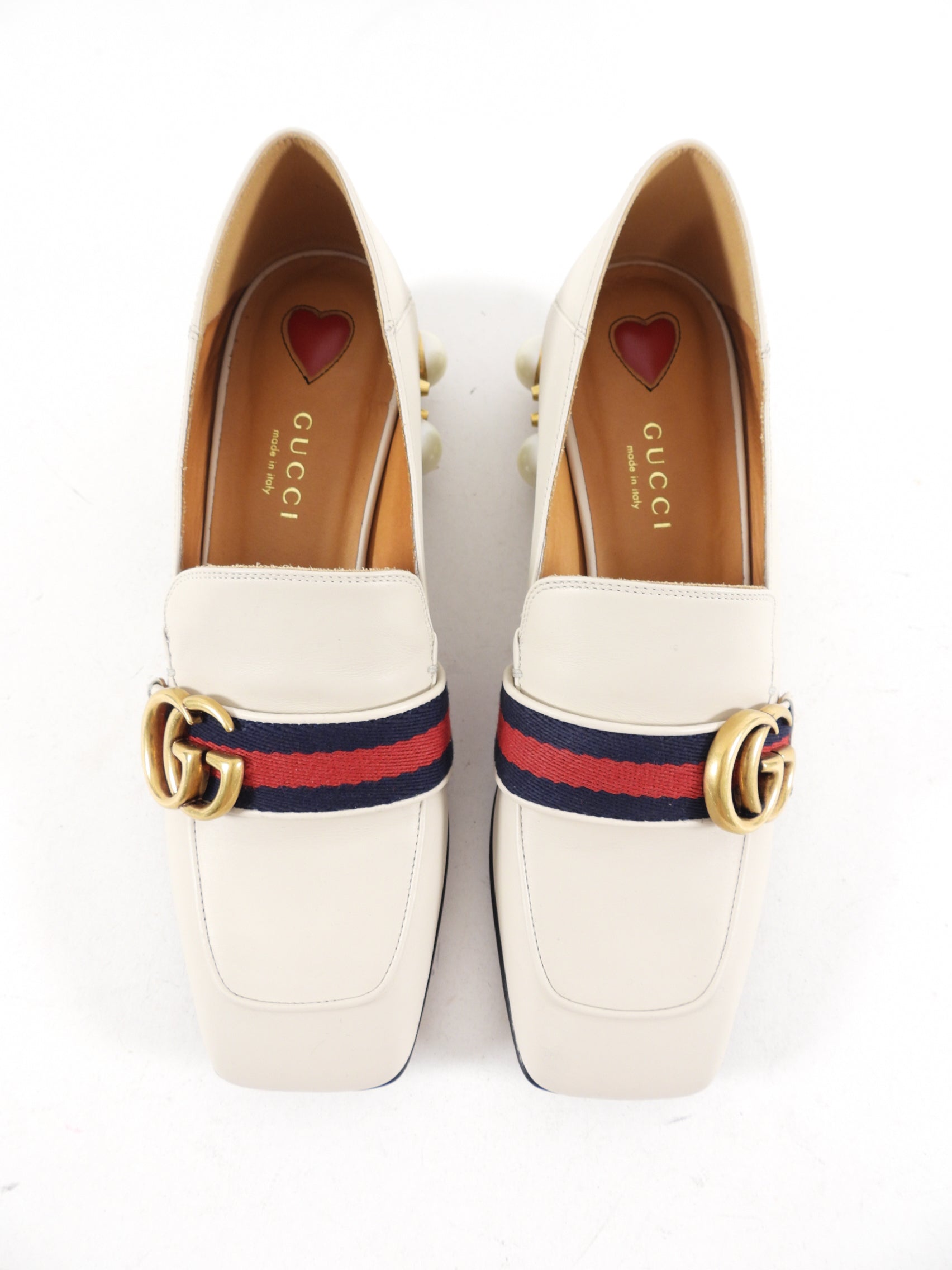 Gucci Ivory Marmont Pearl Peyton Loafer with Web Stripe - 35