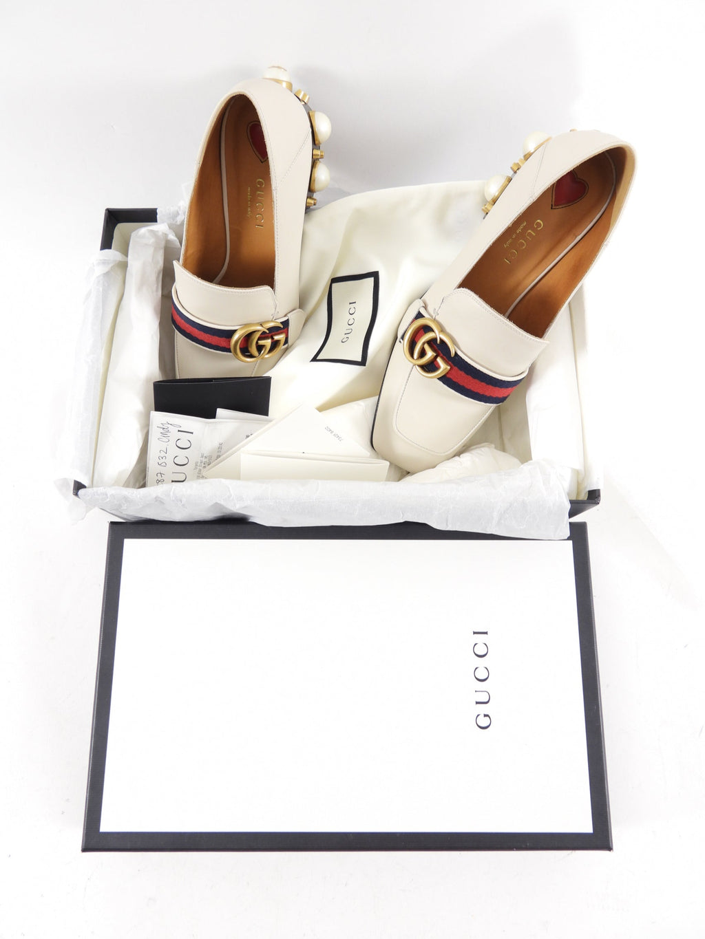 Gucci Ivory Marmont Pearl Peyton Loafer with Web Stripe - 35