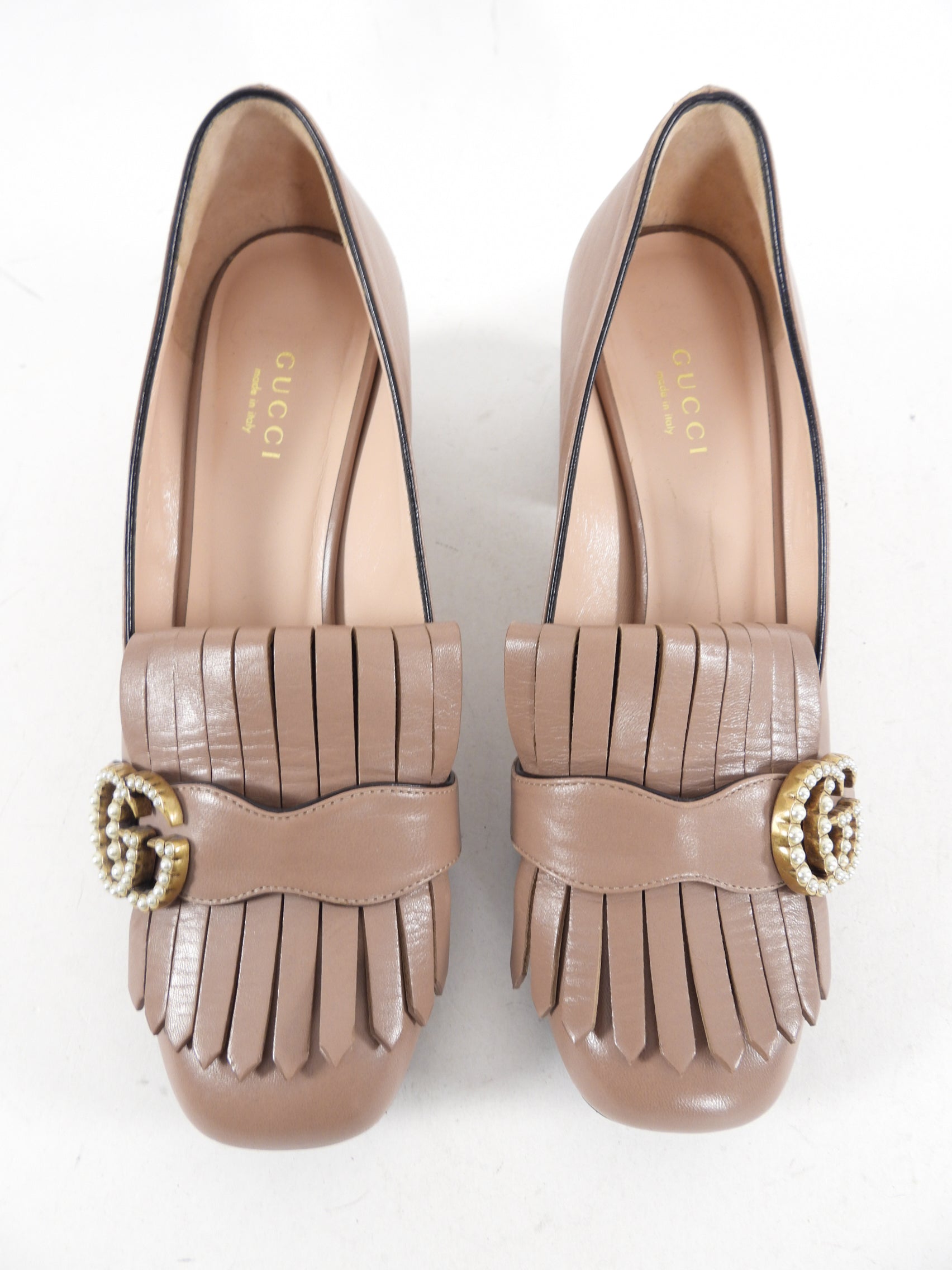 Gucci Taupe Leather Marmont Faux Pearl Block Heel Pumps - 37