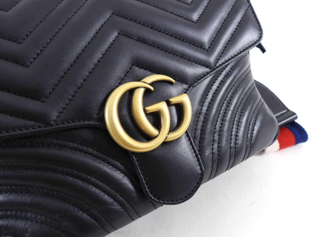 Gucci Black Quilted Leather Marmont Sylvie Web Strap Top Handle Bag