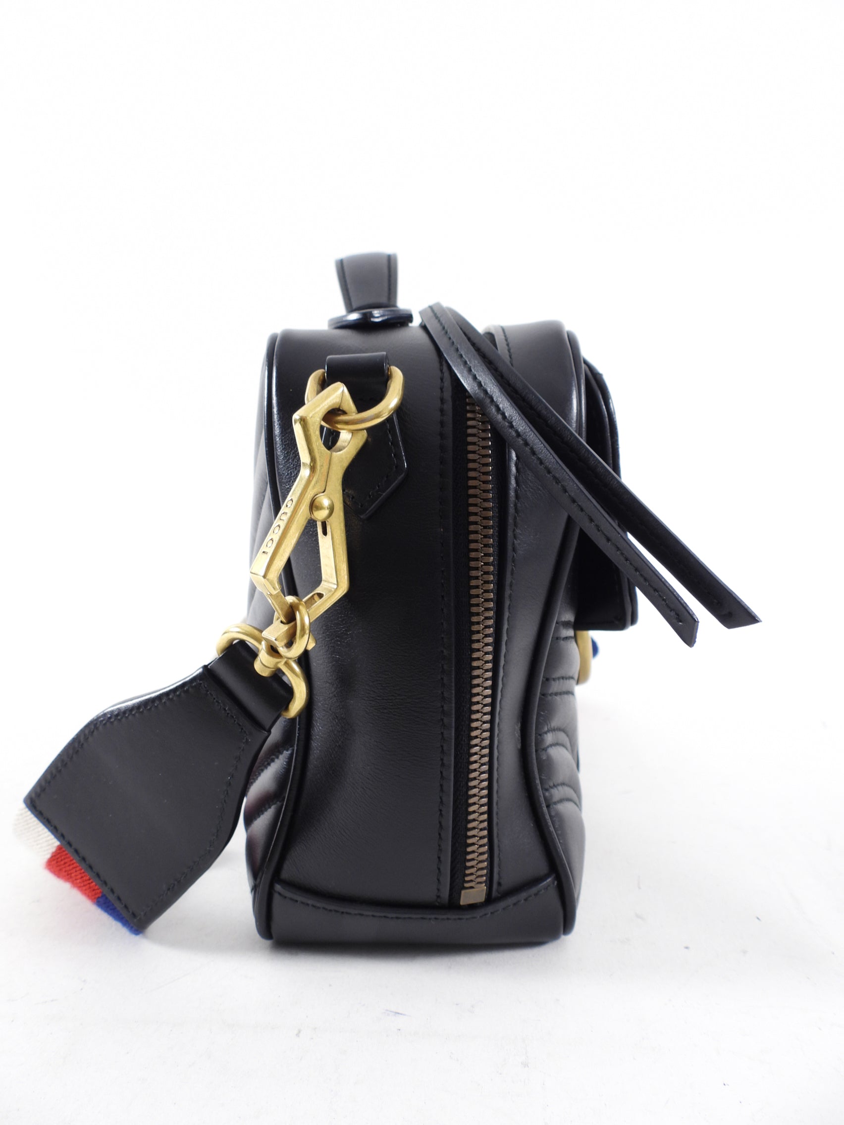 Gucci Black Quilted Leather Marmont Sylvie Web Strap Top Handle Bag