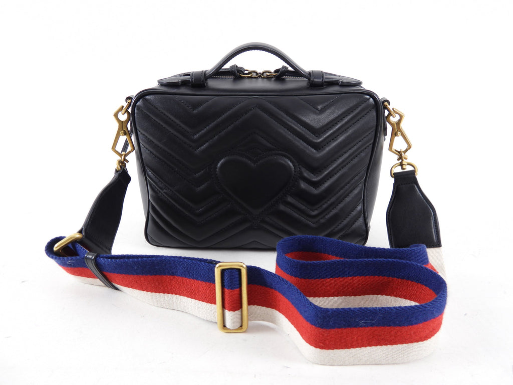 Gucci Black Quilted Leather Marmont Sylvie Web Strap Top Handle Bag