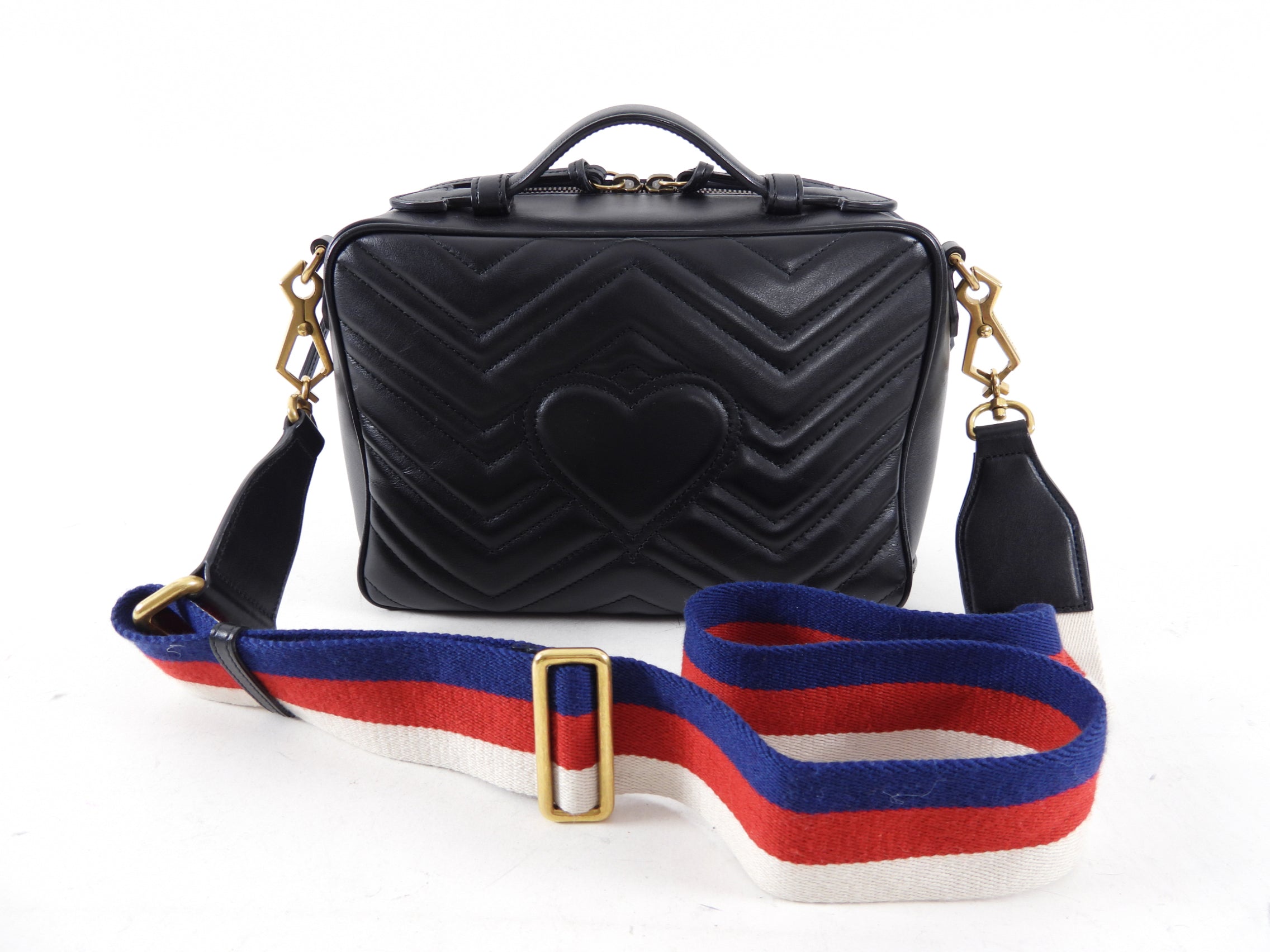 Gucci Black Quilted Leather Marmont Sylvie Web Strap Top Handle Bag