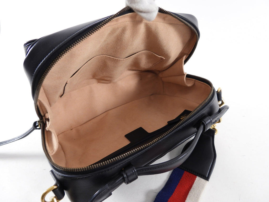 Gucci Black Quilted Leather Marmont Sylvie Web Strap Top Handle Bag