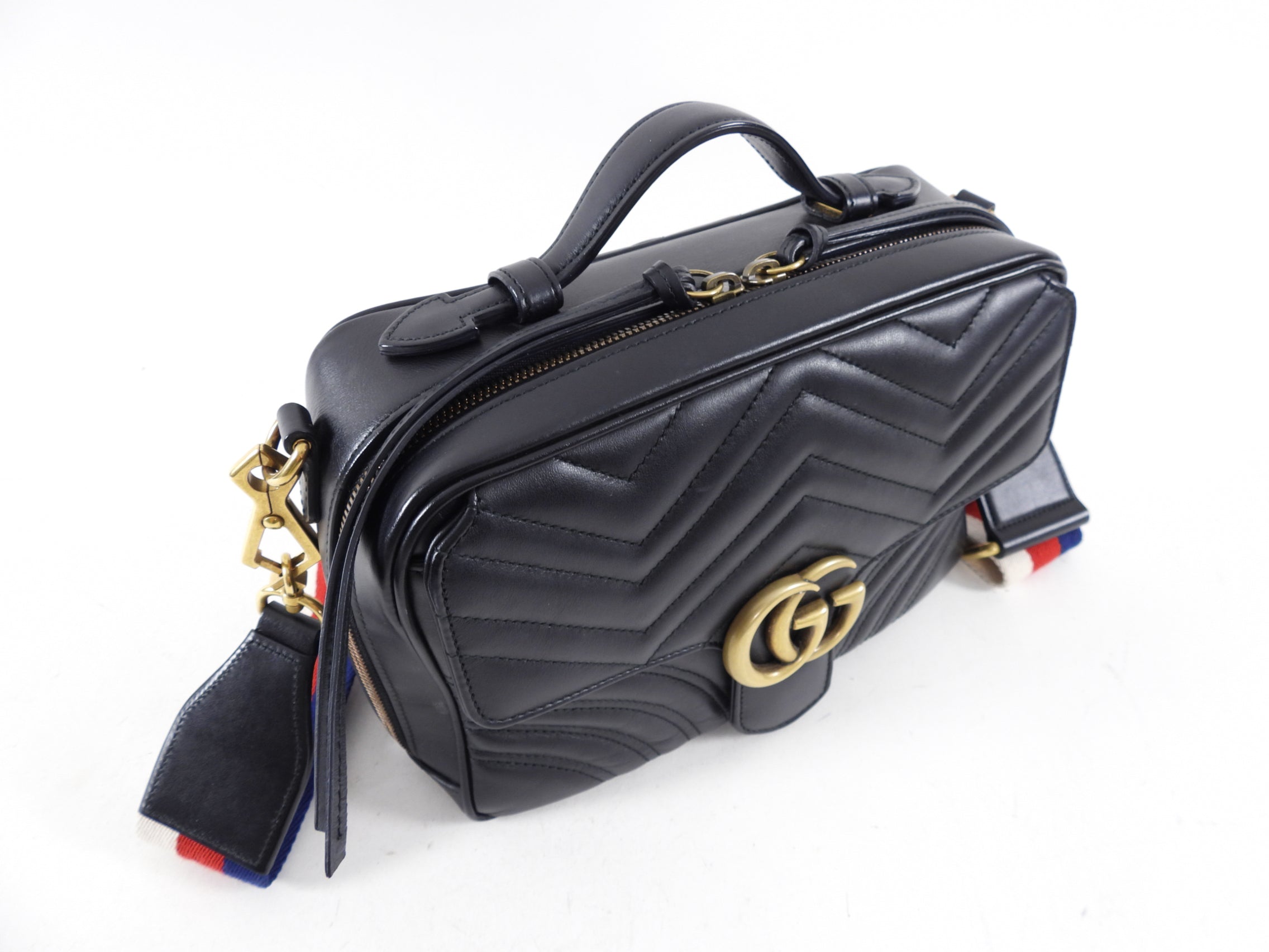Gucci Black Quilted Leather Marmont Sylvie Web Strap Top Handle Bag