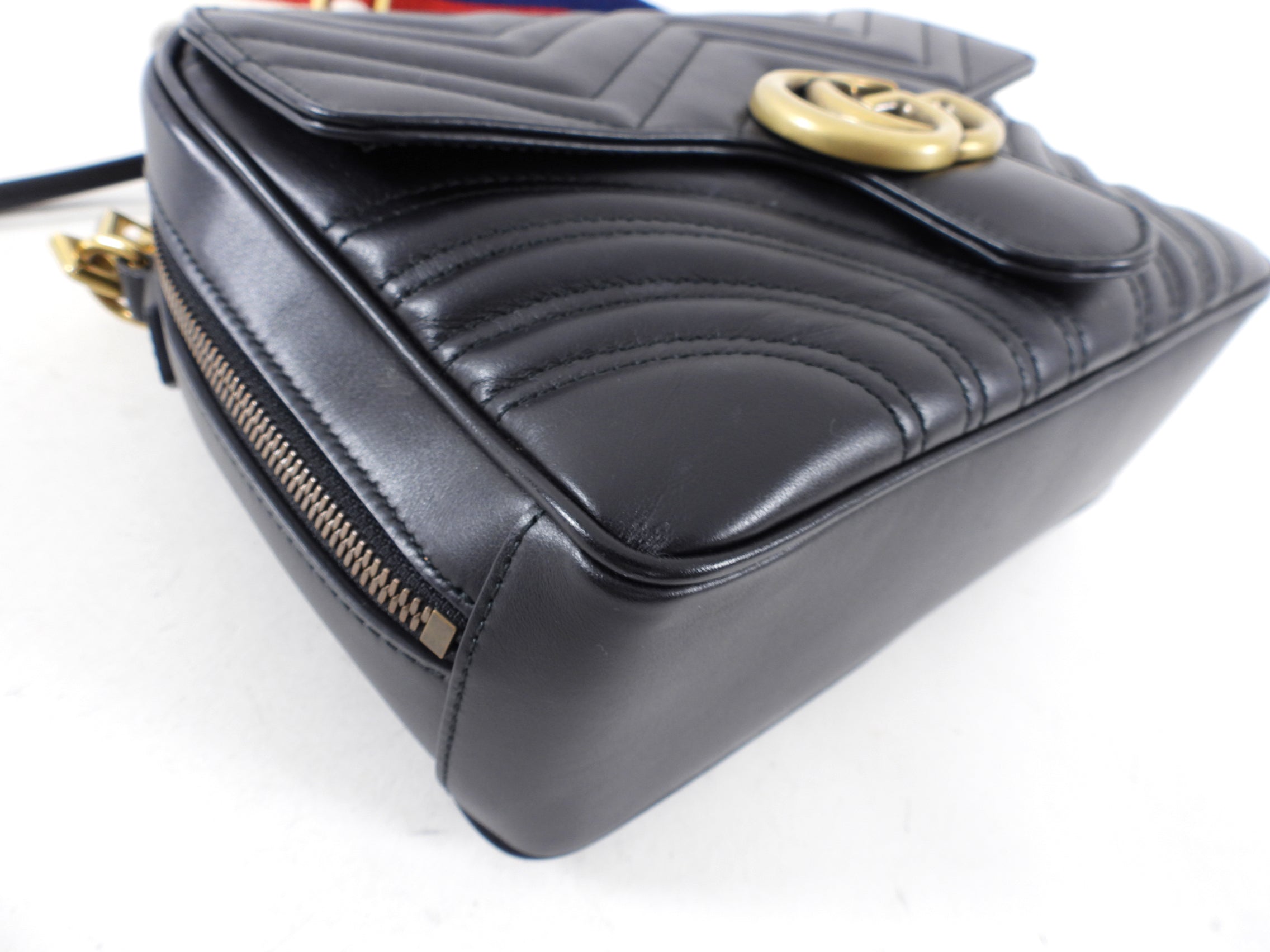 Gucci Black Quilted Leather Marmont Sylvie Web Strap Top Handle Bag