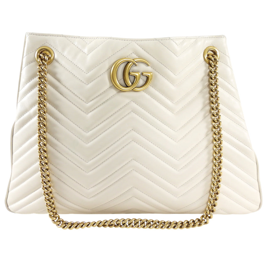 Gucci Marmont Ivory Chevron Leather Large Chain Tote Bag