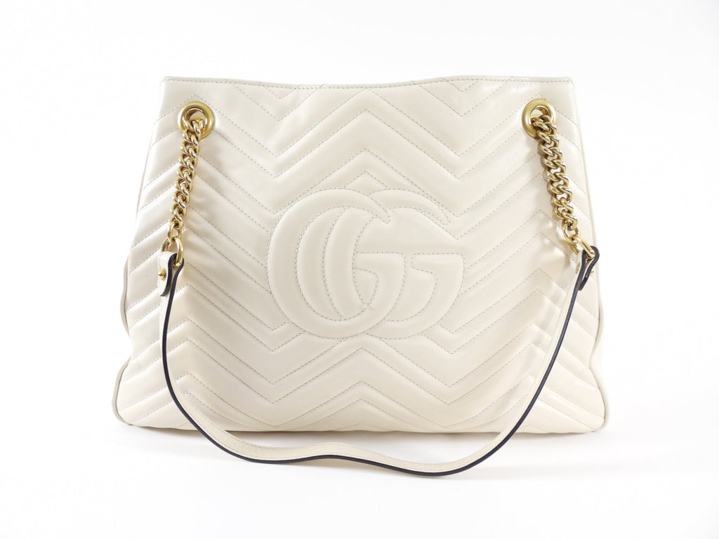 Gucci Marmont Ivory Chevron Leather Large Chain Tote Bag