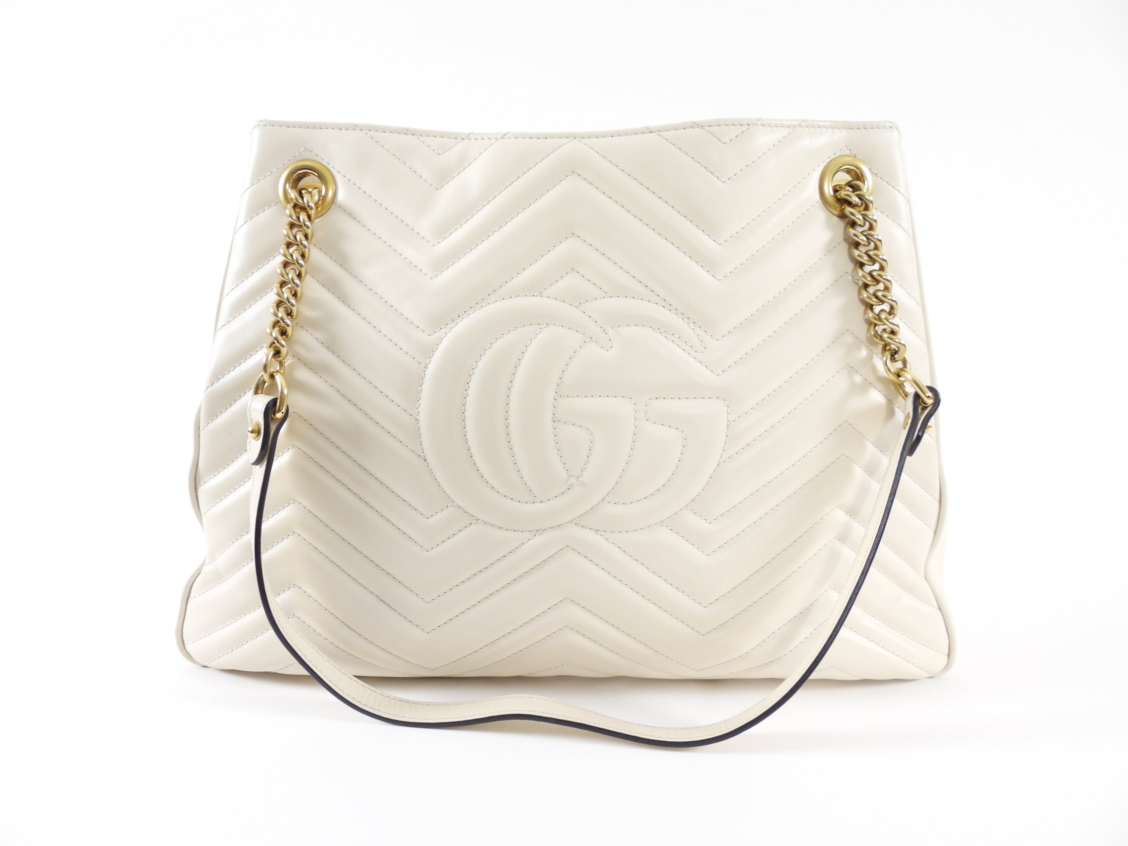 Gucci Marmont Ivory Chevron Leather Large Chain Tote Bag