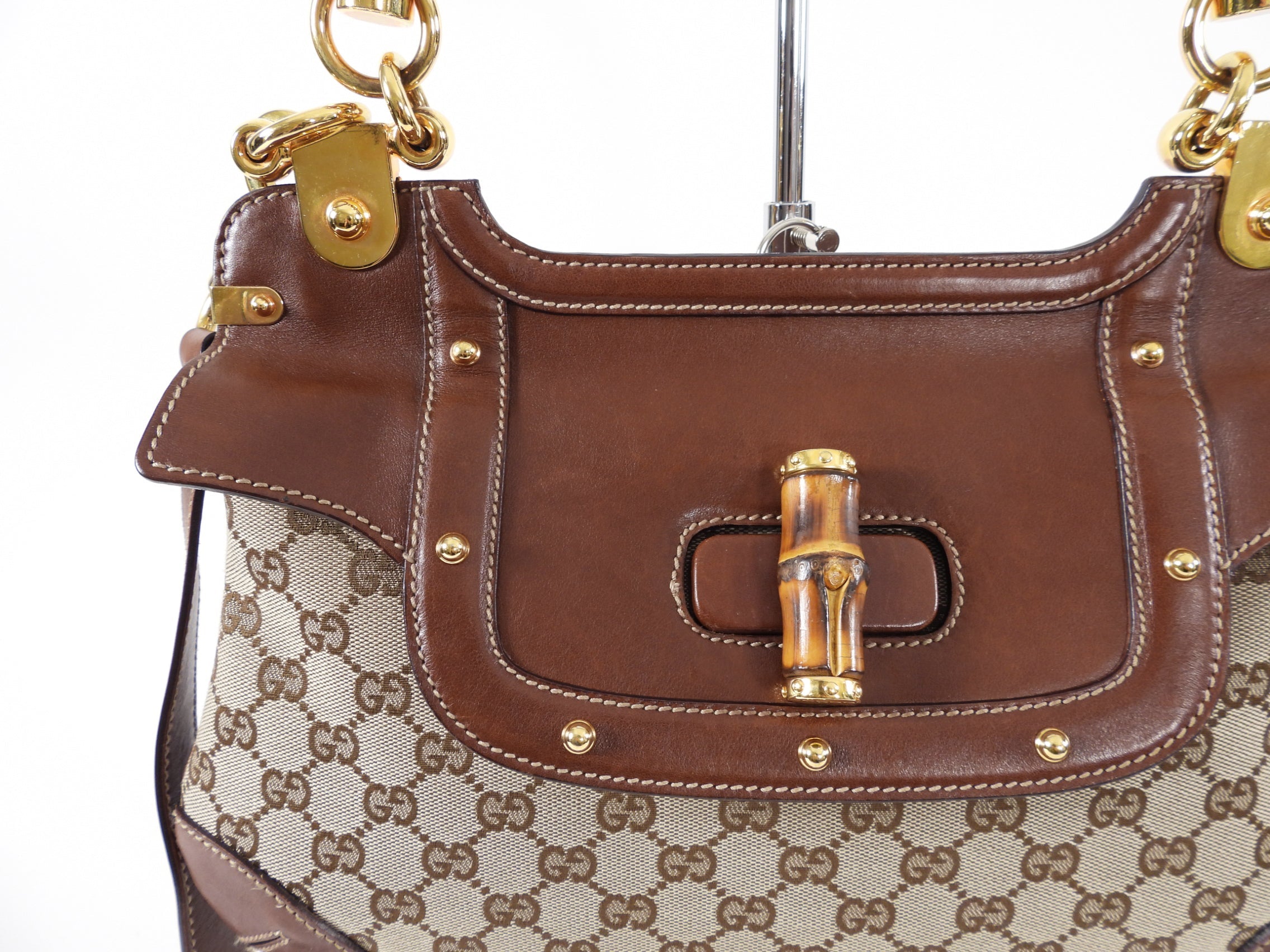 Gucci Peggy Brown Monogram Canvas and Bamboo Two-Way Bag