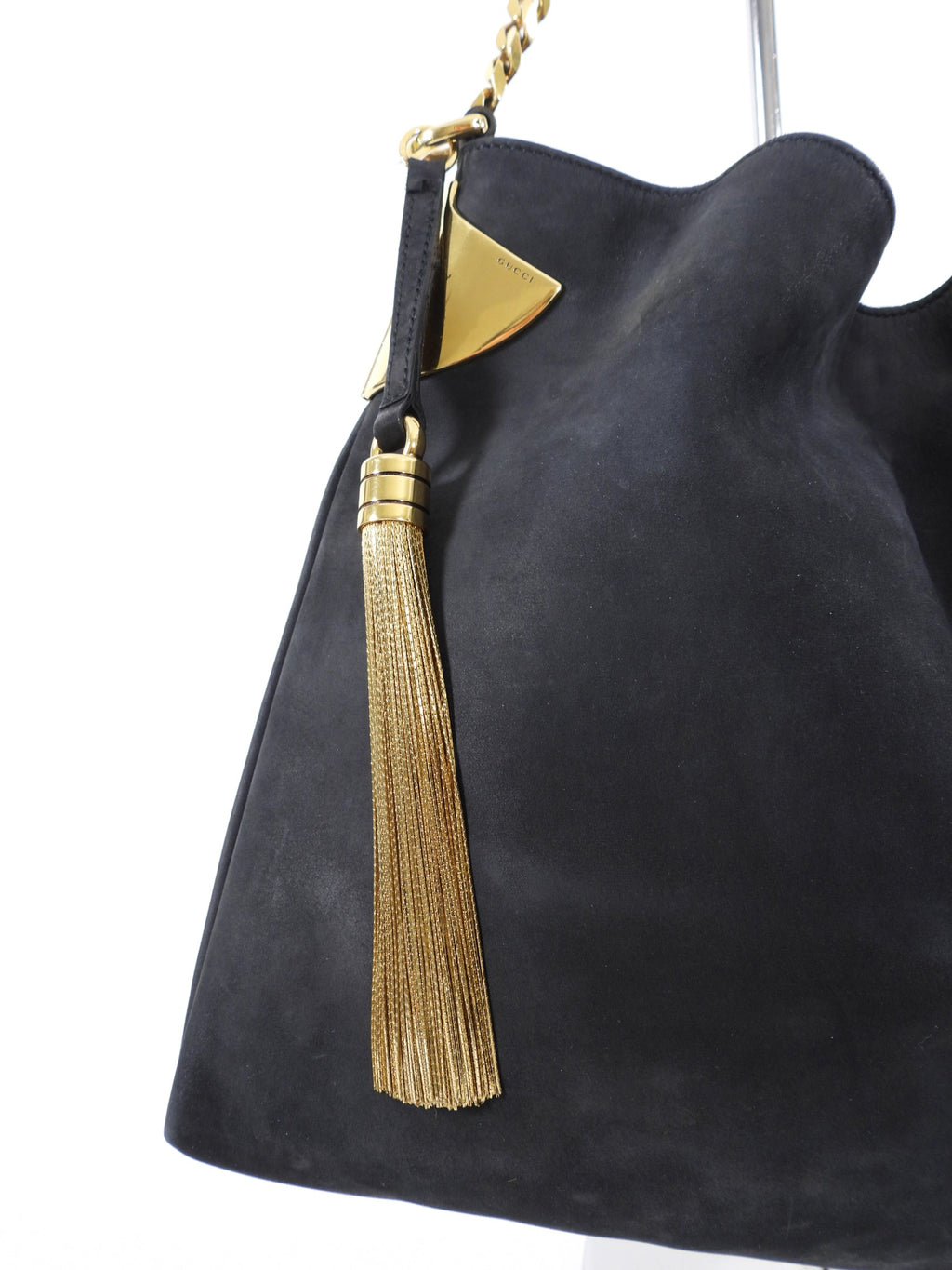Gucci Black Nubuck Leather 1970 Medium Gold Chain Hobo Bag