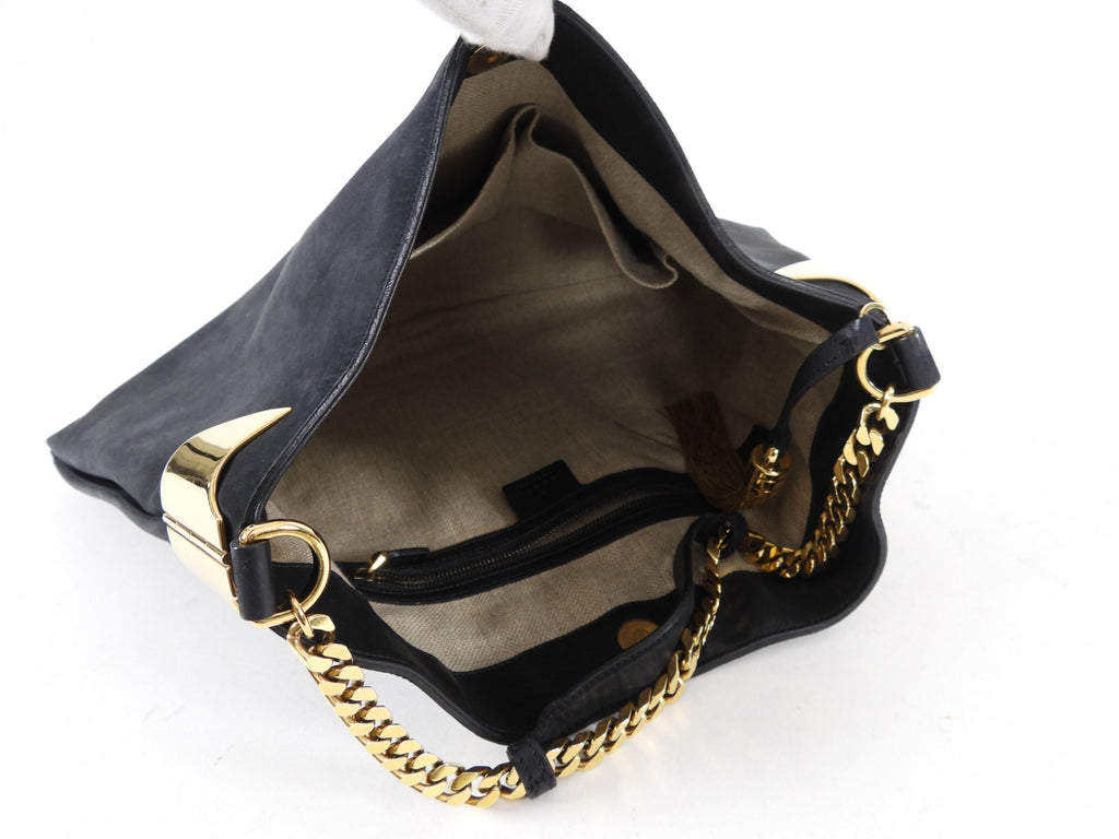 Gucci Black Nubuck Leather 1970 Medium Gold Chain Hobo Bag