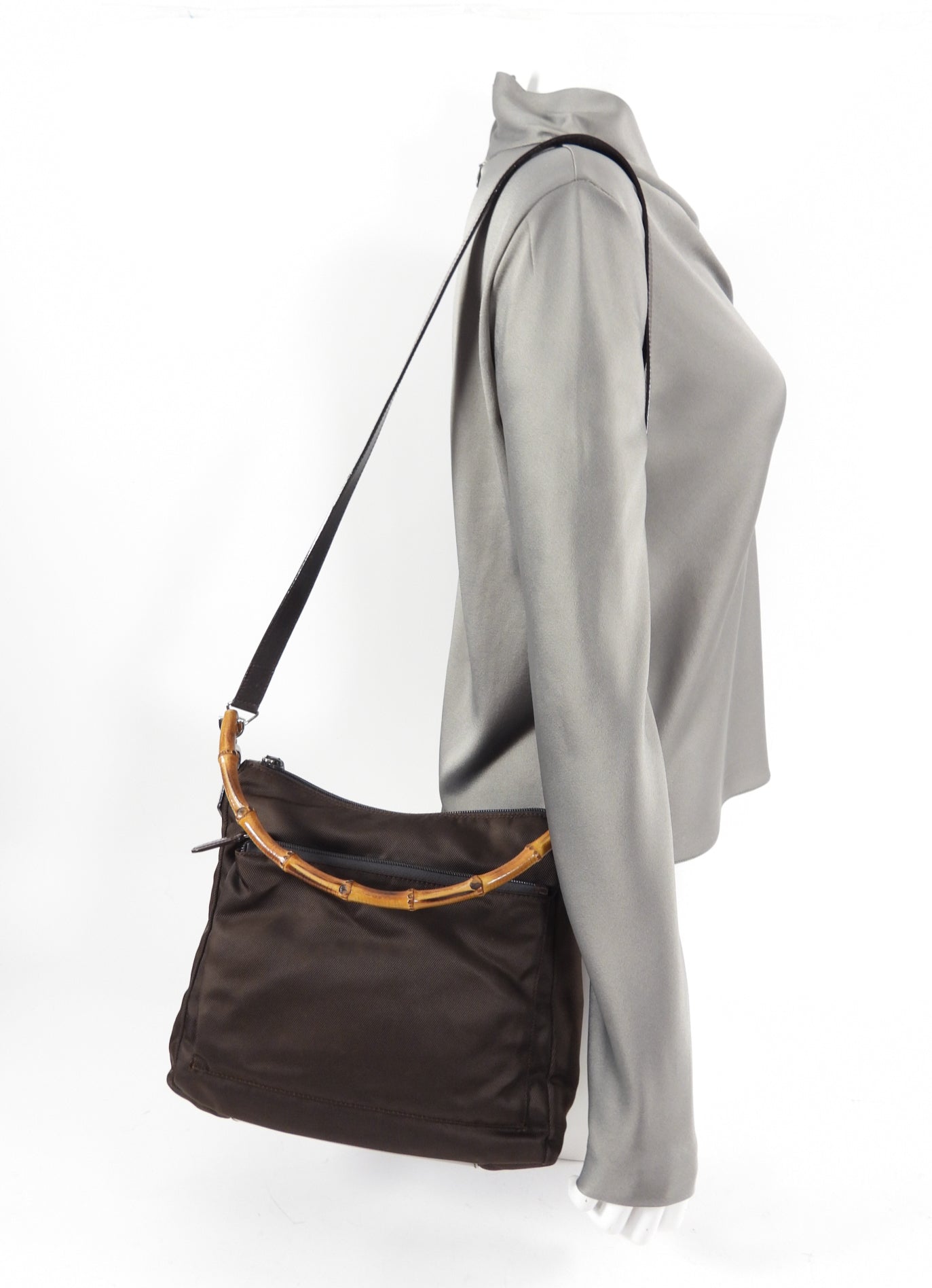 Gucci Brown Nylon Bamboo Handle Two-Way Bag