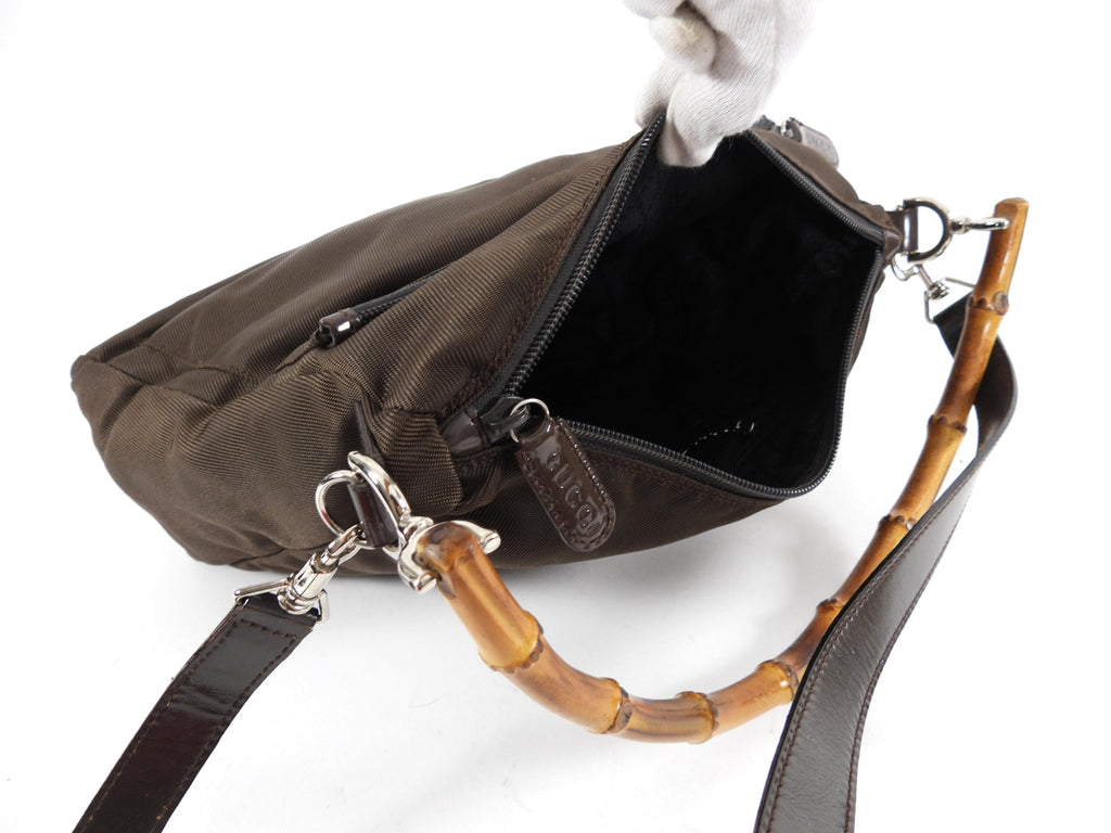 Gucci Brown Nylon Bamboo Handle Two-Way Bag
