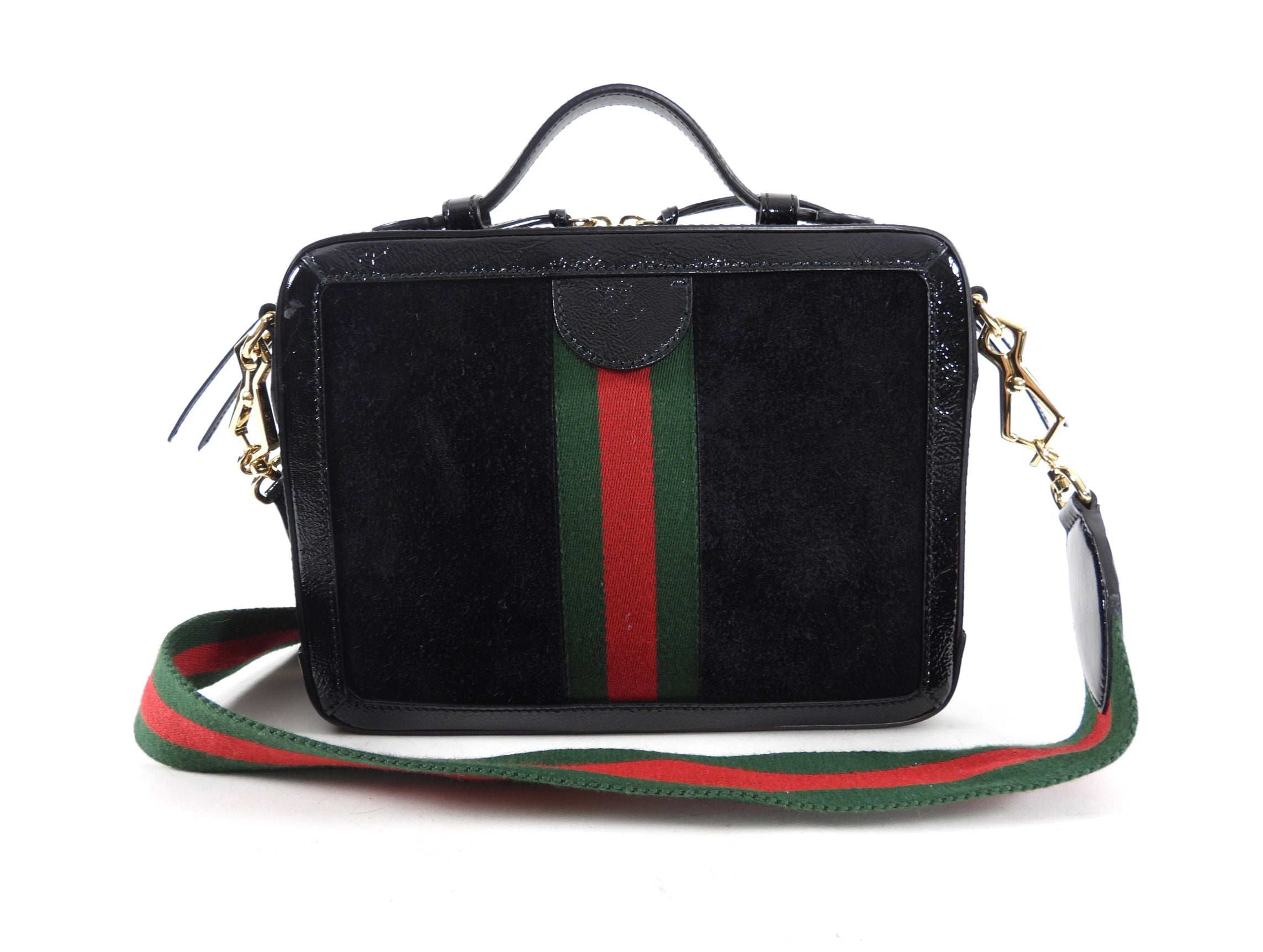 Gucci Black Patent and Suede Web Stripe Ophidia Crossbody Bag