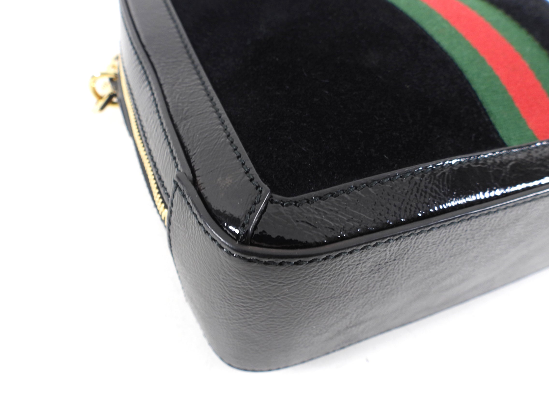 Gucci Black Patent and Suede Web Stripe Ophidia Crossbody Bag