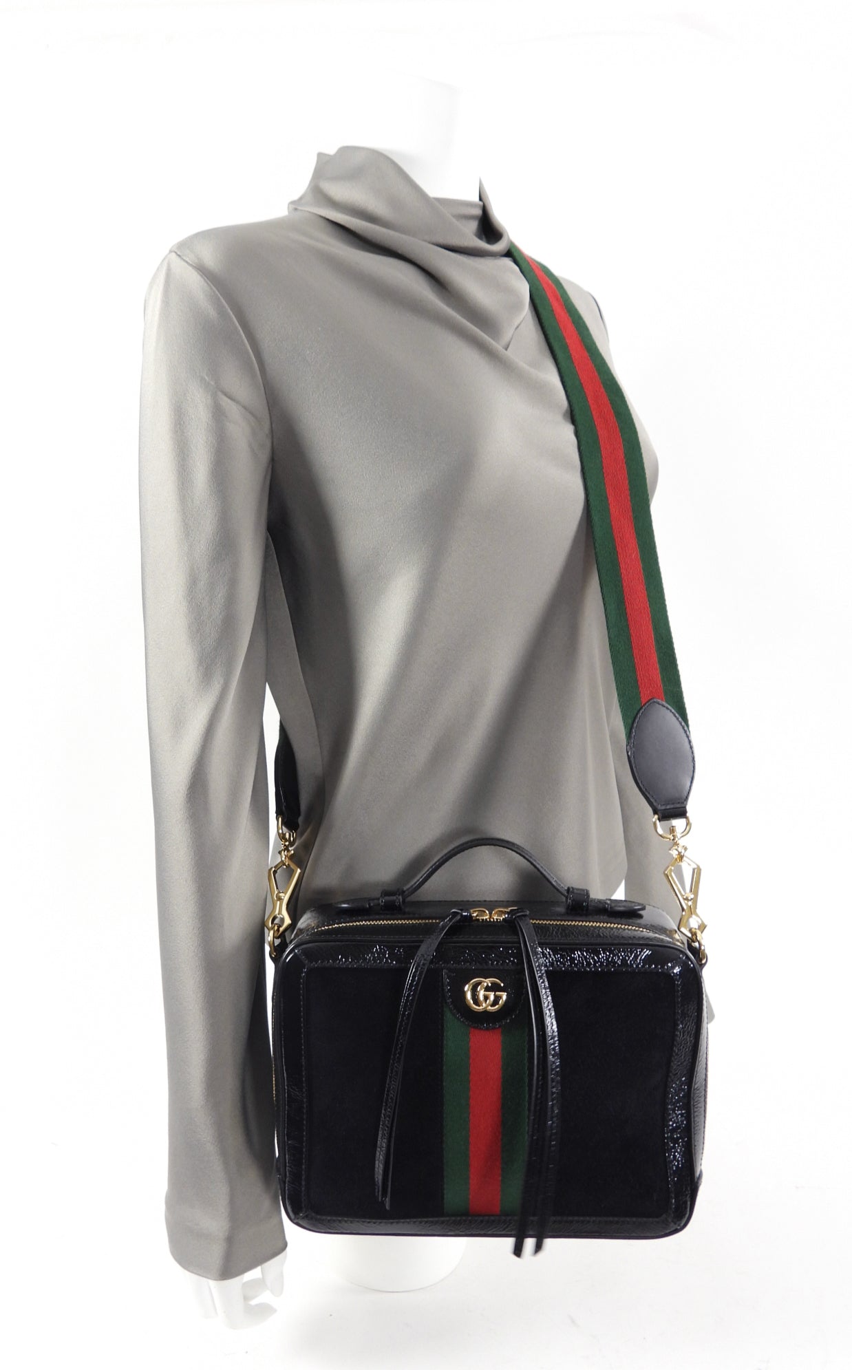Gucci Black Patent and Suede Web Stripe Ophidia Crossbody Bag