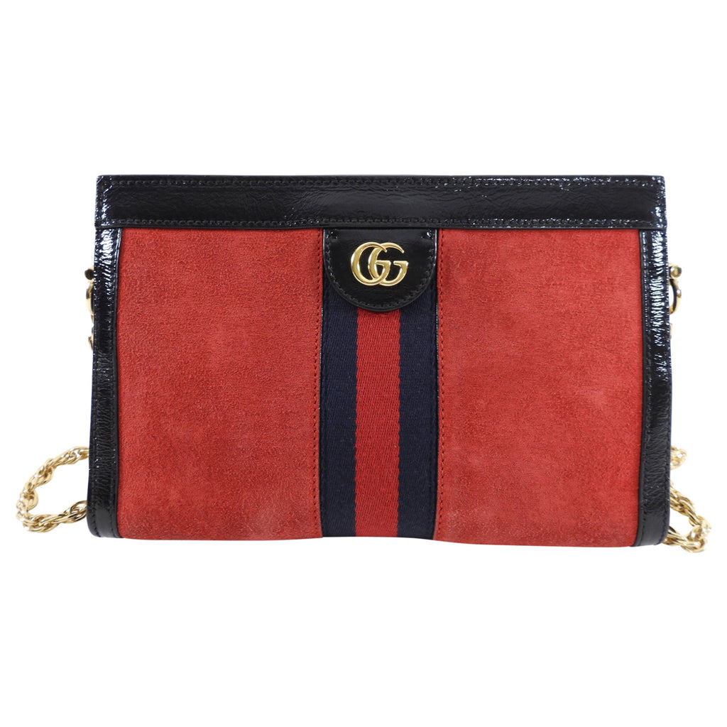 Gucci Red Suede Web Stripe Ophidia Chain Clutch Bag
