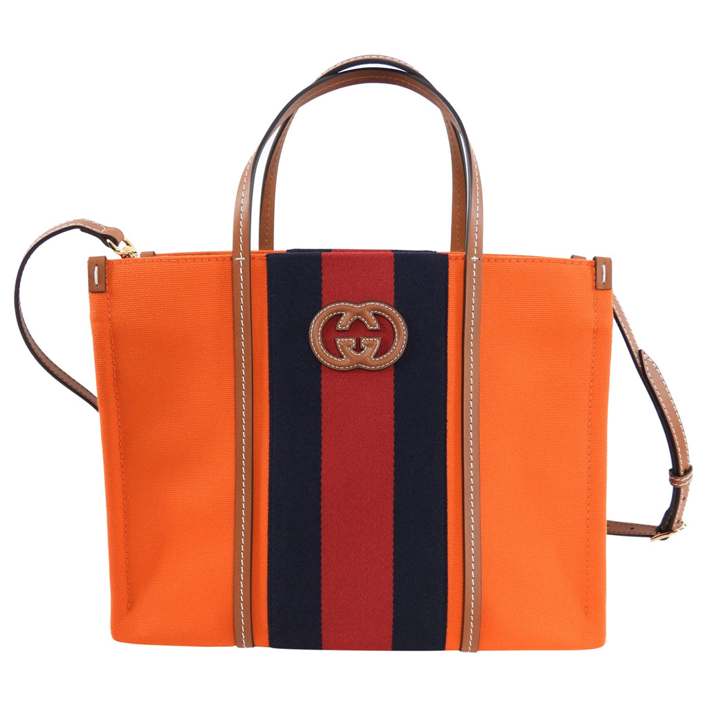 Gucci Interlocking G Orange Striped Web Canvas Tote Bag