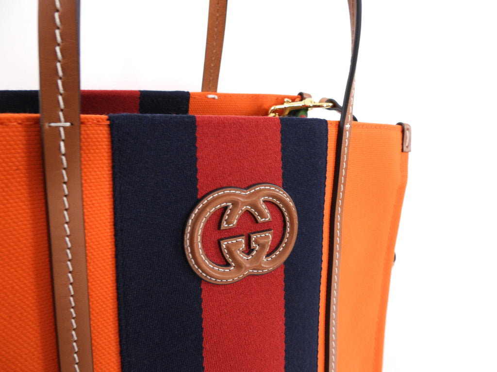 Gucci Interlocking G Orange Striped Web Canvas Tote Bag