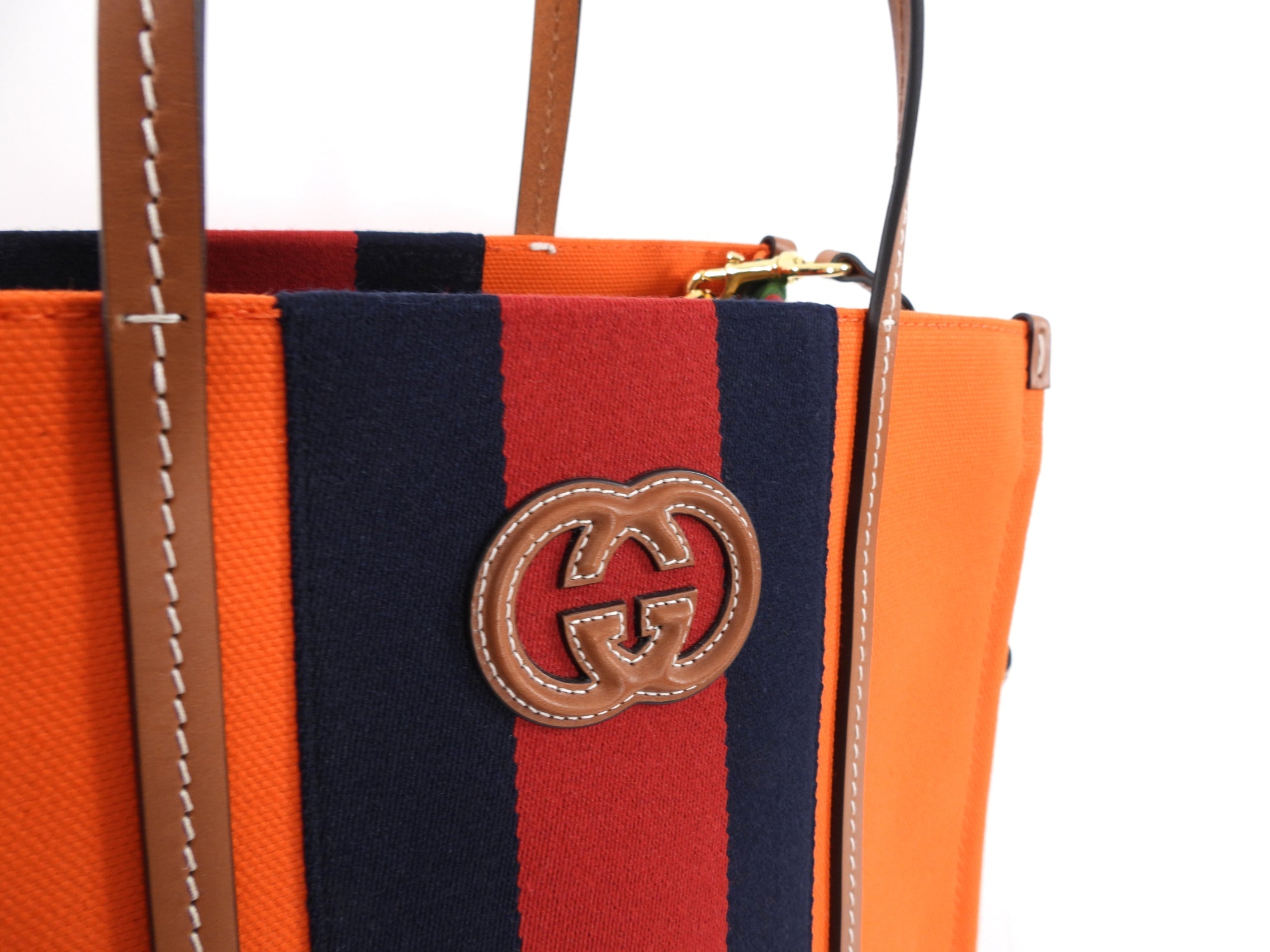 Gucci Interlocking G Orange Striped Web Canvas Tote Bag