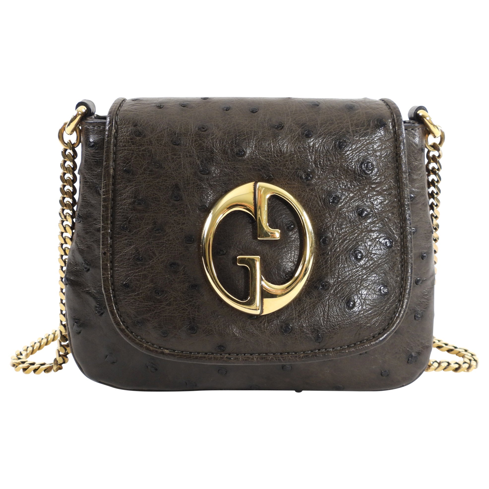Gucci Mini Brown Ostrich 1973 GG Crossbody Bag