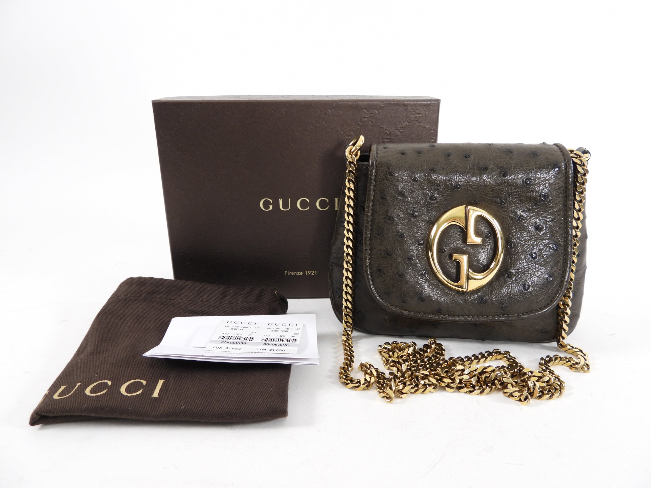 Gucci Mini Brown Ostrich 1973 GG Crossbody Bag
