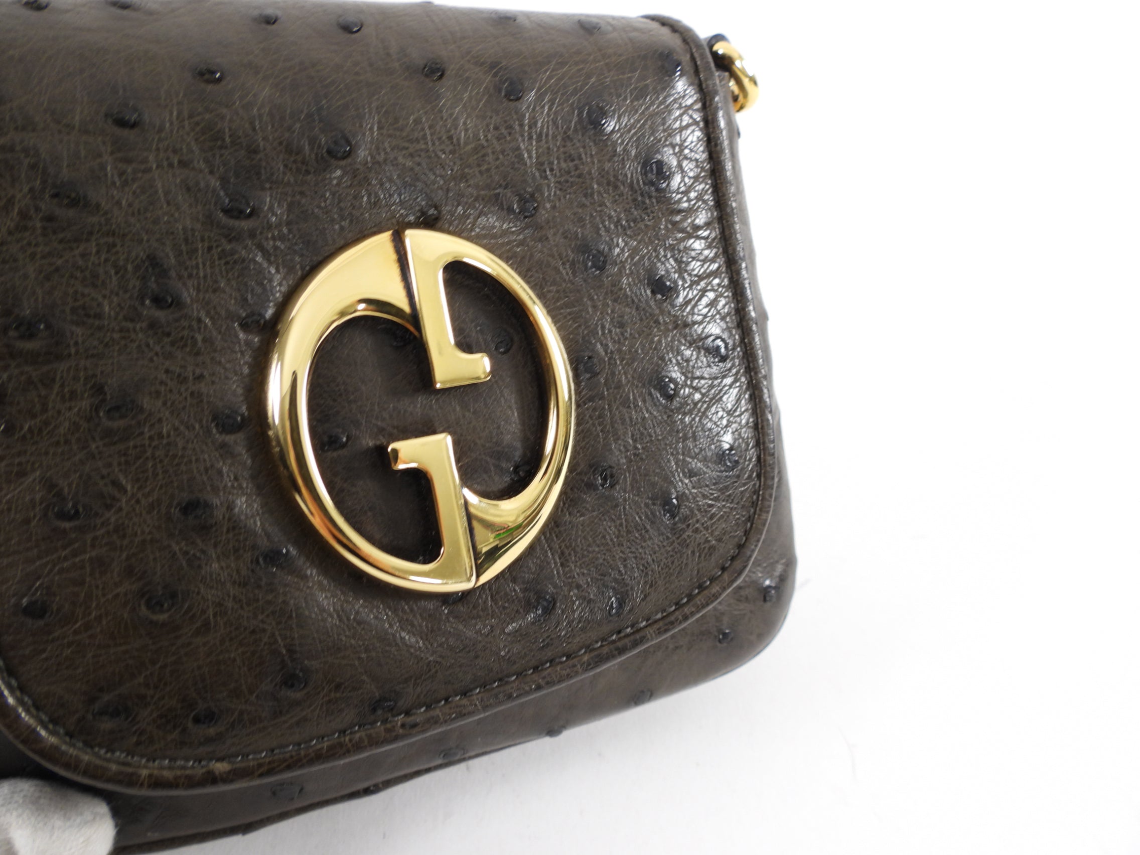 Gucci Mini Brown Ostrich 1973 GG Crossbody Bag