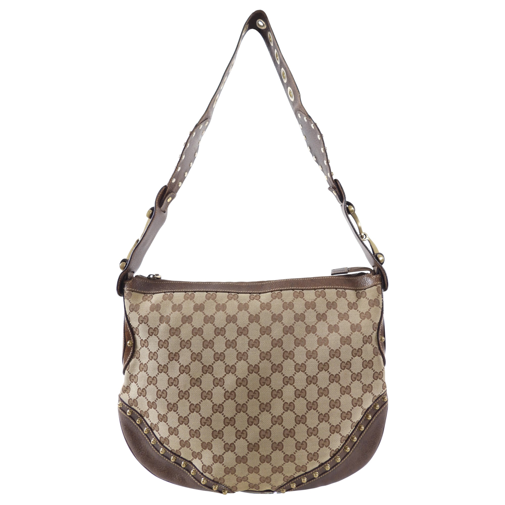 Gucci Monogram Canvas Brown Pelham Stud Hobo Bag