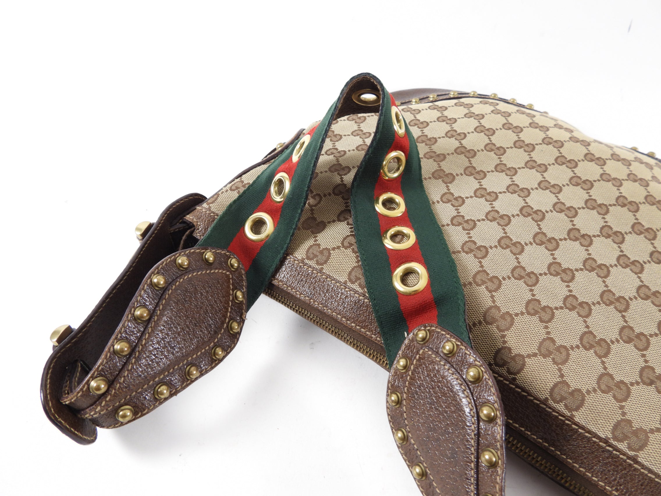 Gucci Monogram Canvas Brown Pelham Stud Hobo Bag