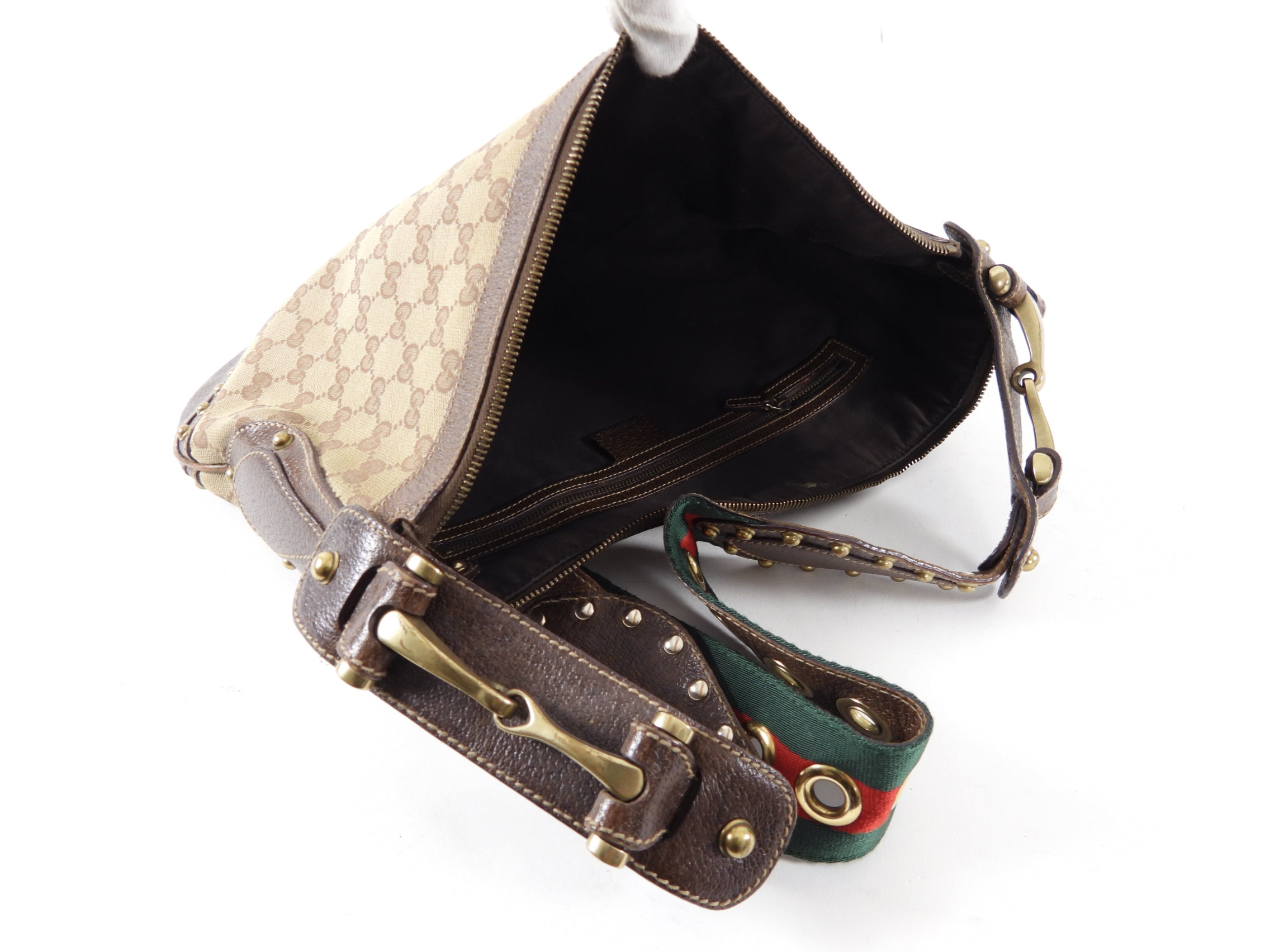 Gucci Monogram Canvas Brown Pelham Stud Hobo Bag