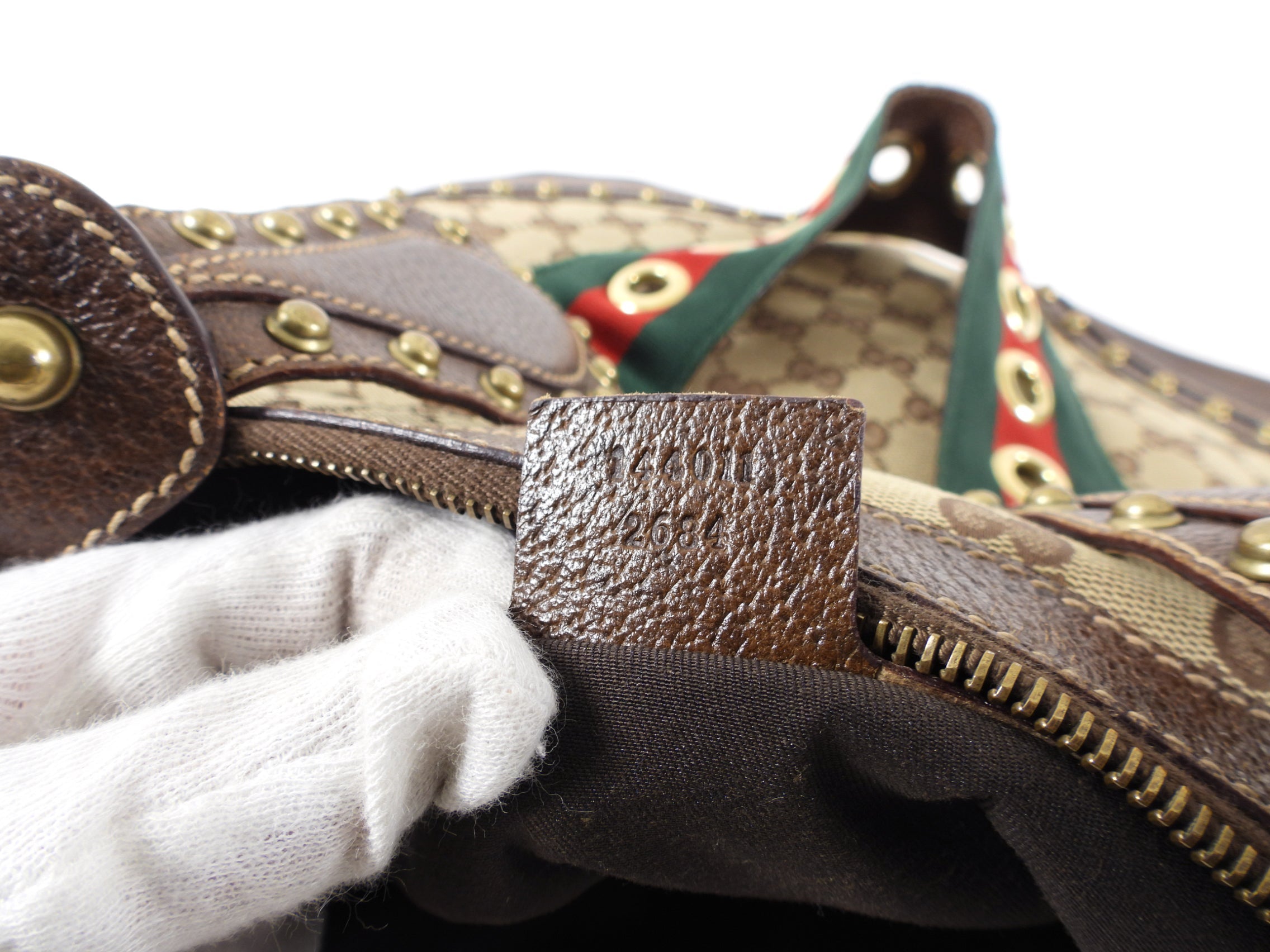 Gucci Monogram Canvas Brown Pelham Stud Hobo Bag