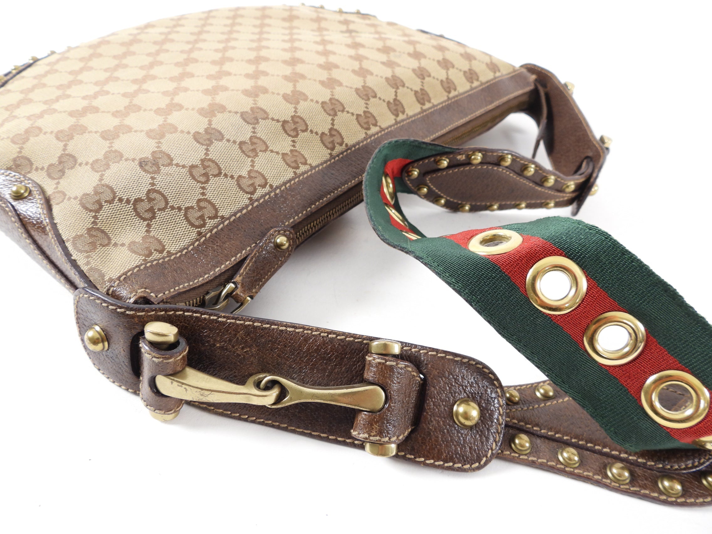 Gucci Monogram Canvas Brown Pelham Stud Hobo Bag