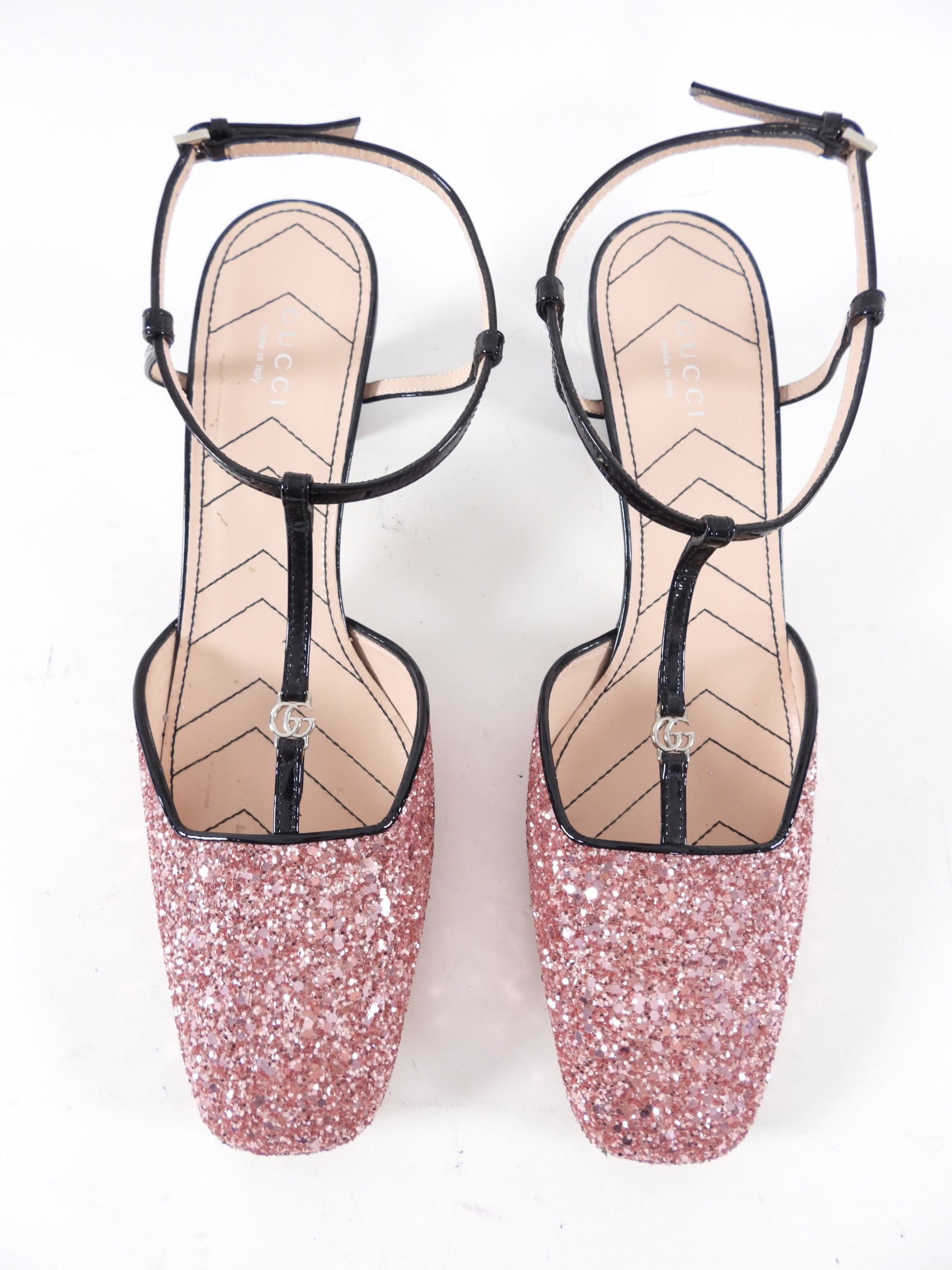 Gucci Pink Coarse Glitter GG Logo T-Strap Heels - 40