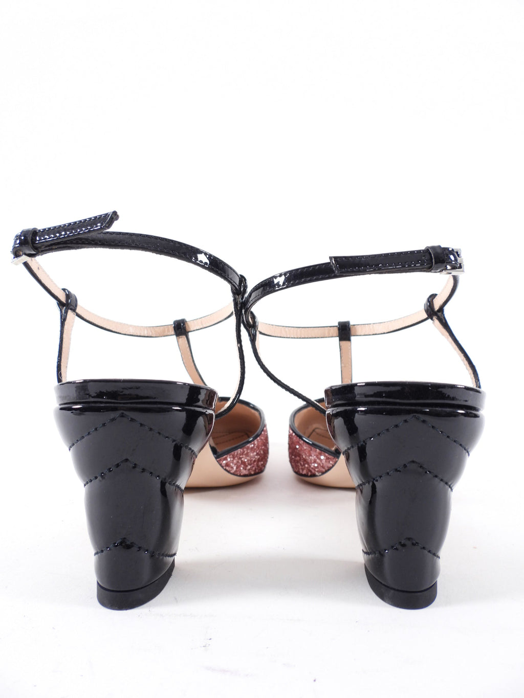 Gucci Pink Coarse Glitter GG Logo T-Strap Heels - 40