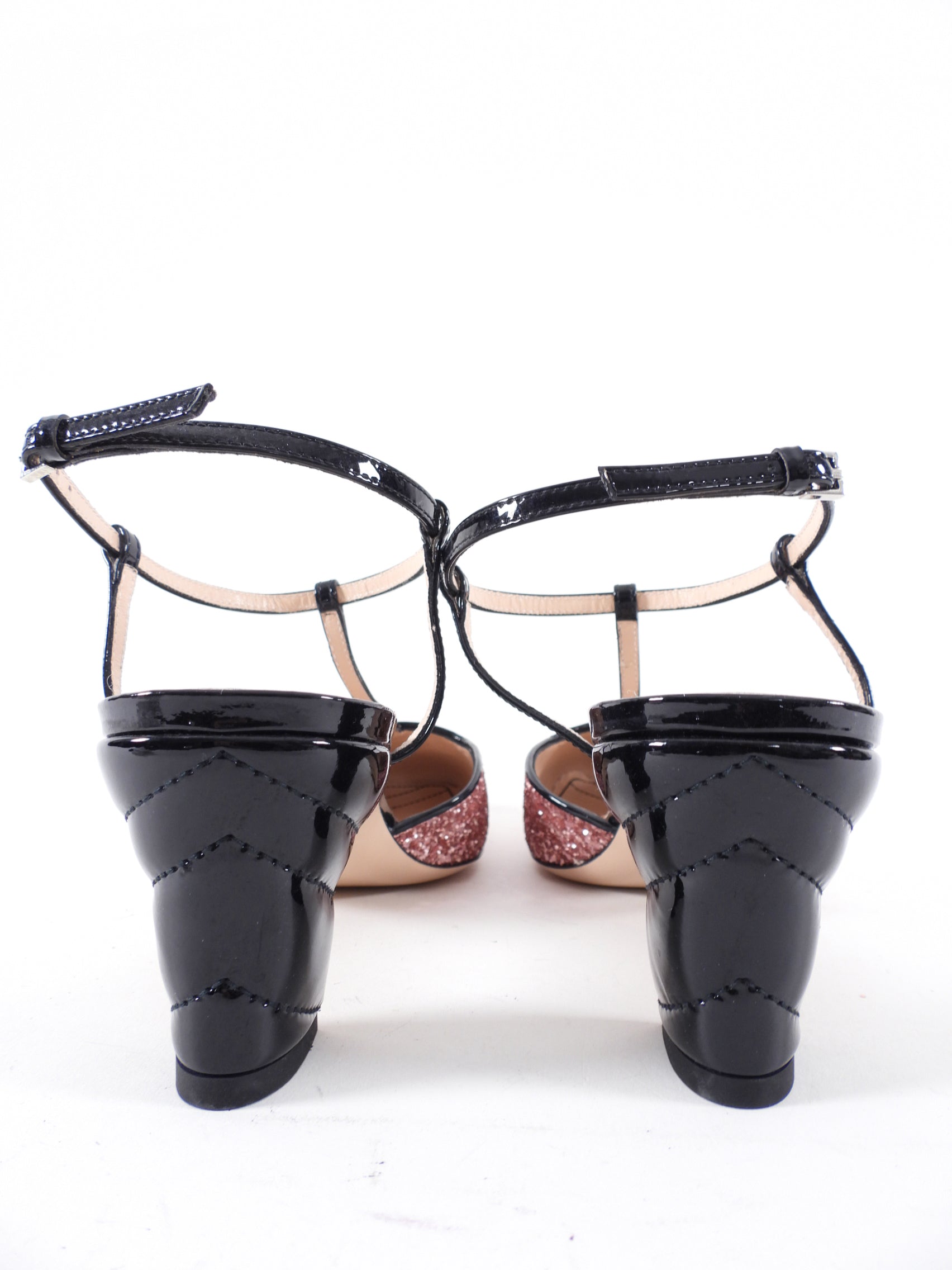 Gucci Pink Coarse Glitter GG Logo T-Strap Heels - 40