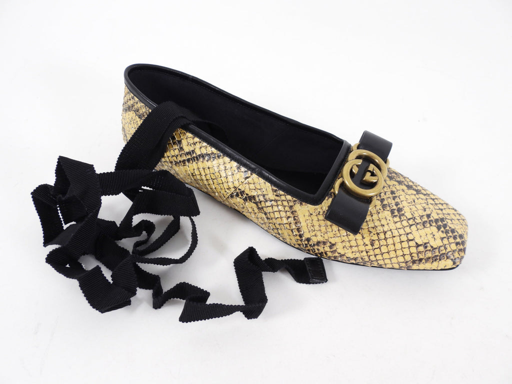 Gucci Exotic Natural Python Ballerina Lace Up GG Flat Shoes - 38 (37.5)