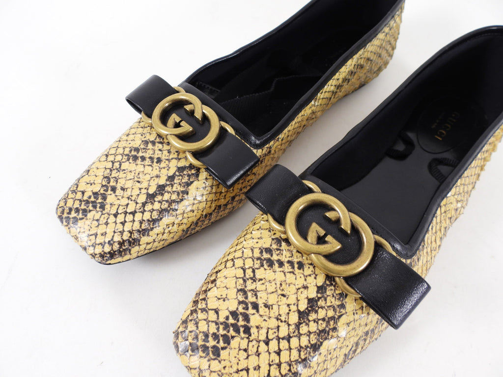 Gucci Exotic Natural Python Ballerina Lace Up GG Flat Shoes - 38 (37.5)