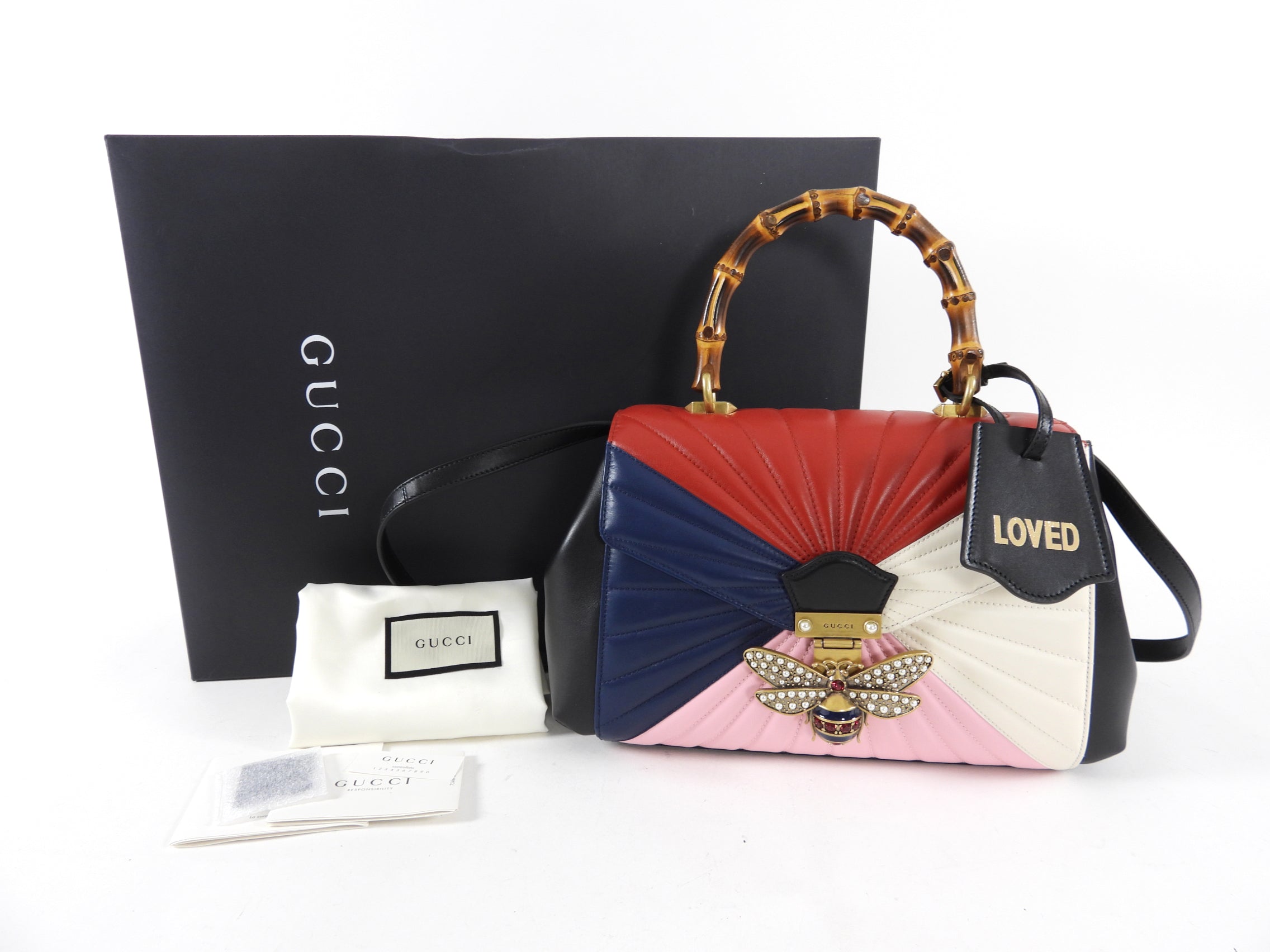 Gucci Pink Navy White Bamboo Queen Margaret Medium Bag