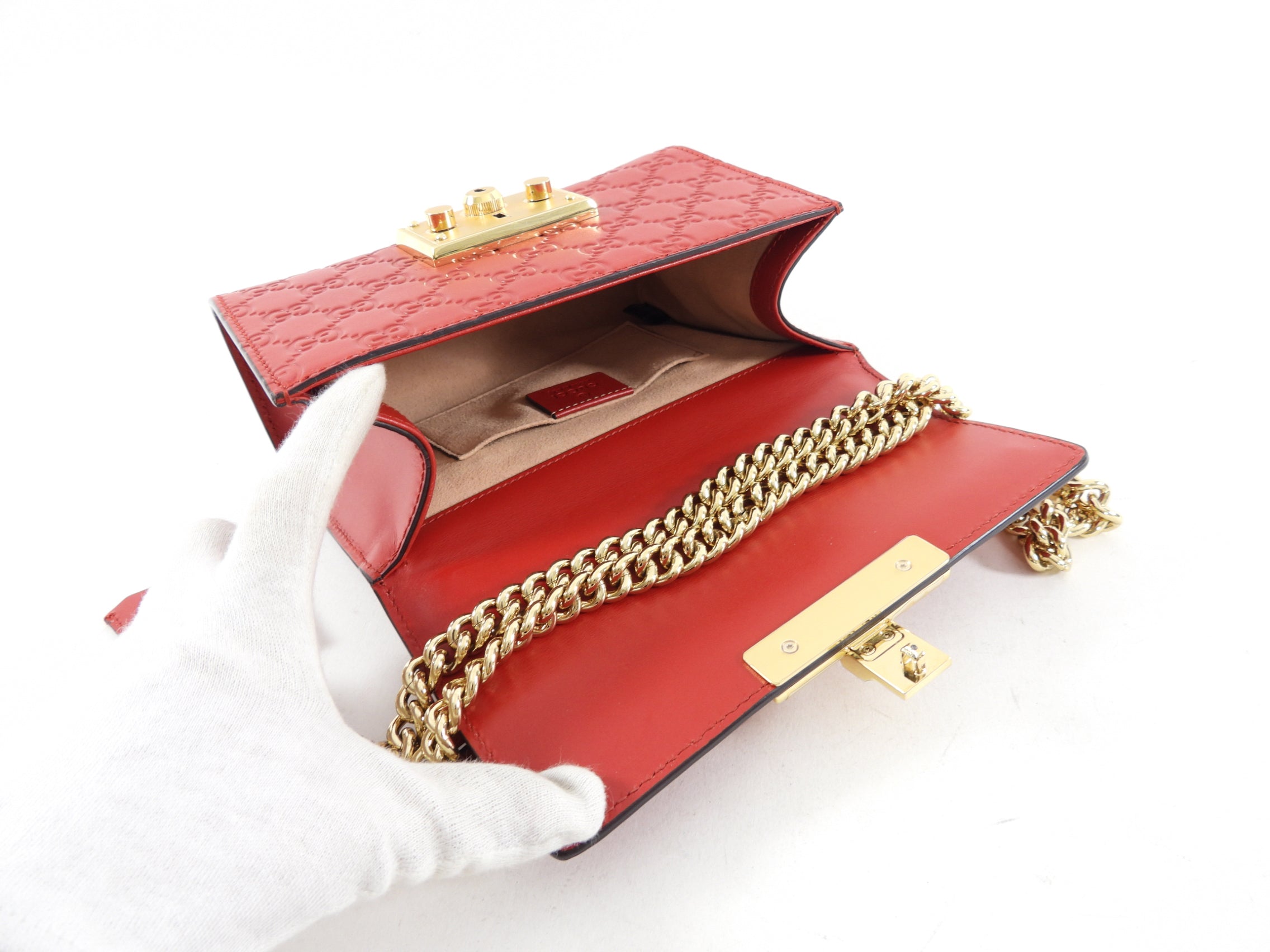 Gucci Small Red Leather Guccissima Padlock Chain Bag