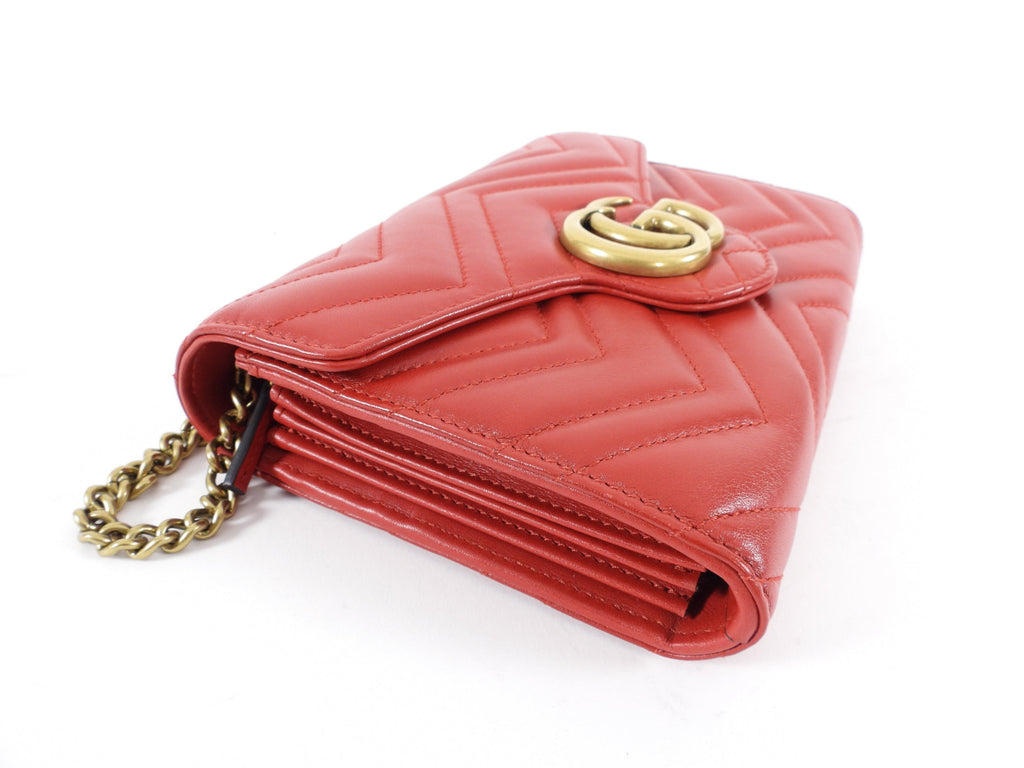 Gucci Red Marmont Matelasse GG Logo Wallet On Chain Crossbody Bag