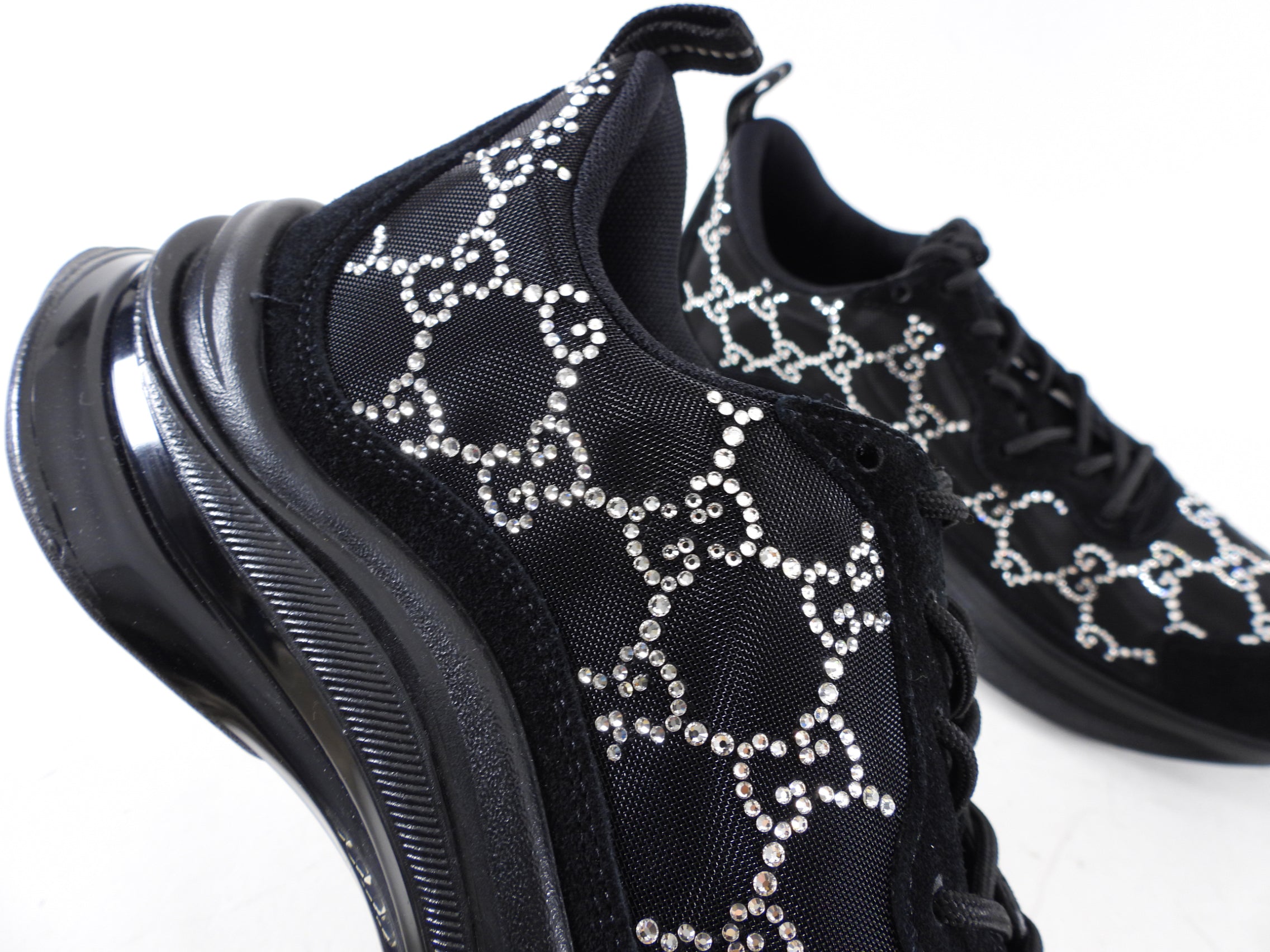 Gucci Run Black Mesh and Clear GG Monogram Crystal Sneakers -  40