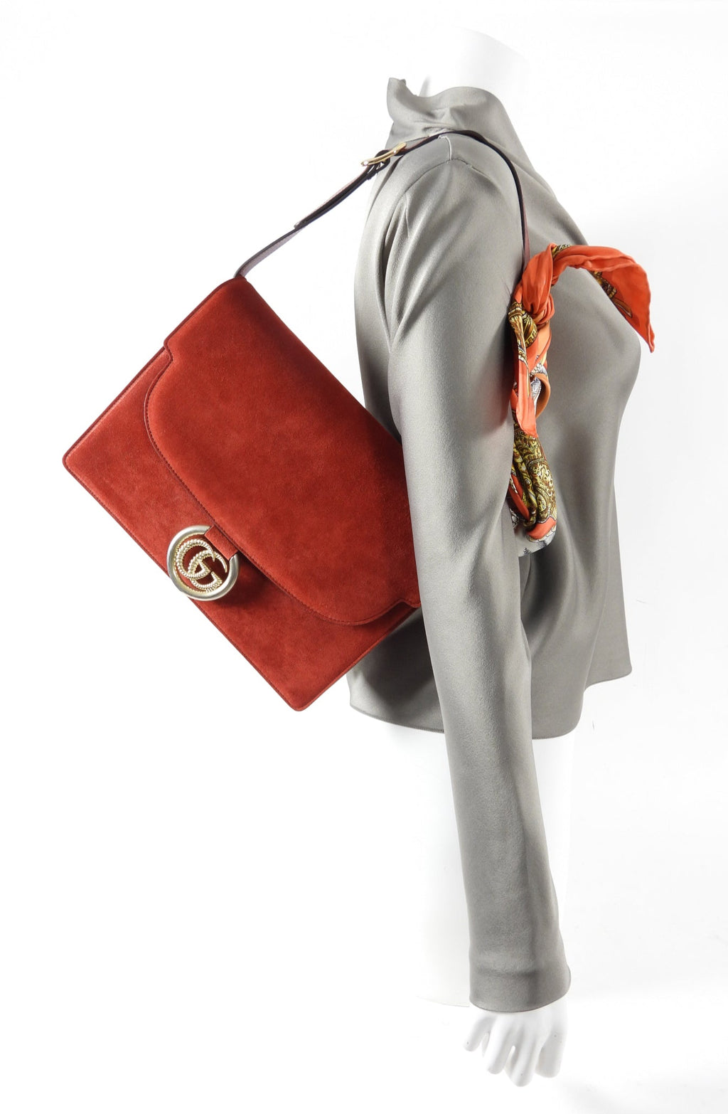 Gucci Brick Red Medium Suede Ring Scarf Bag