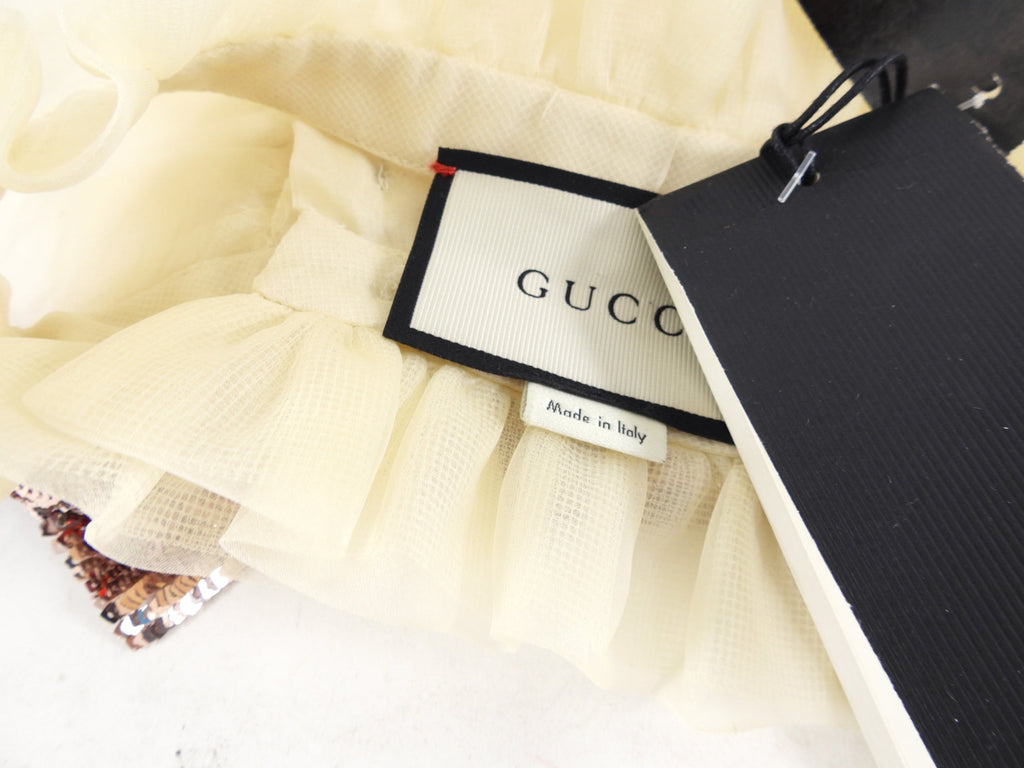 Gucci Ivory Sheer Organza Ruffle Blouse with Sequin Collar - M