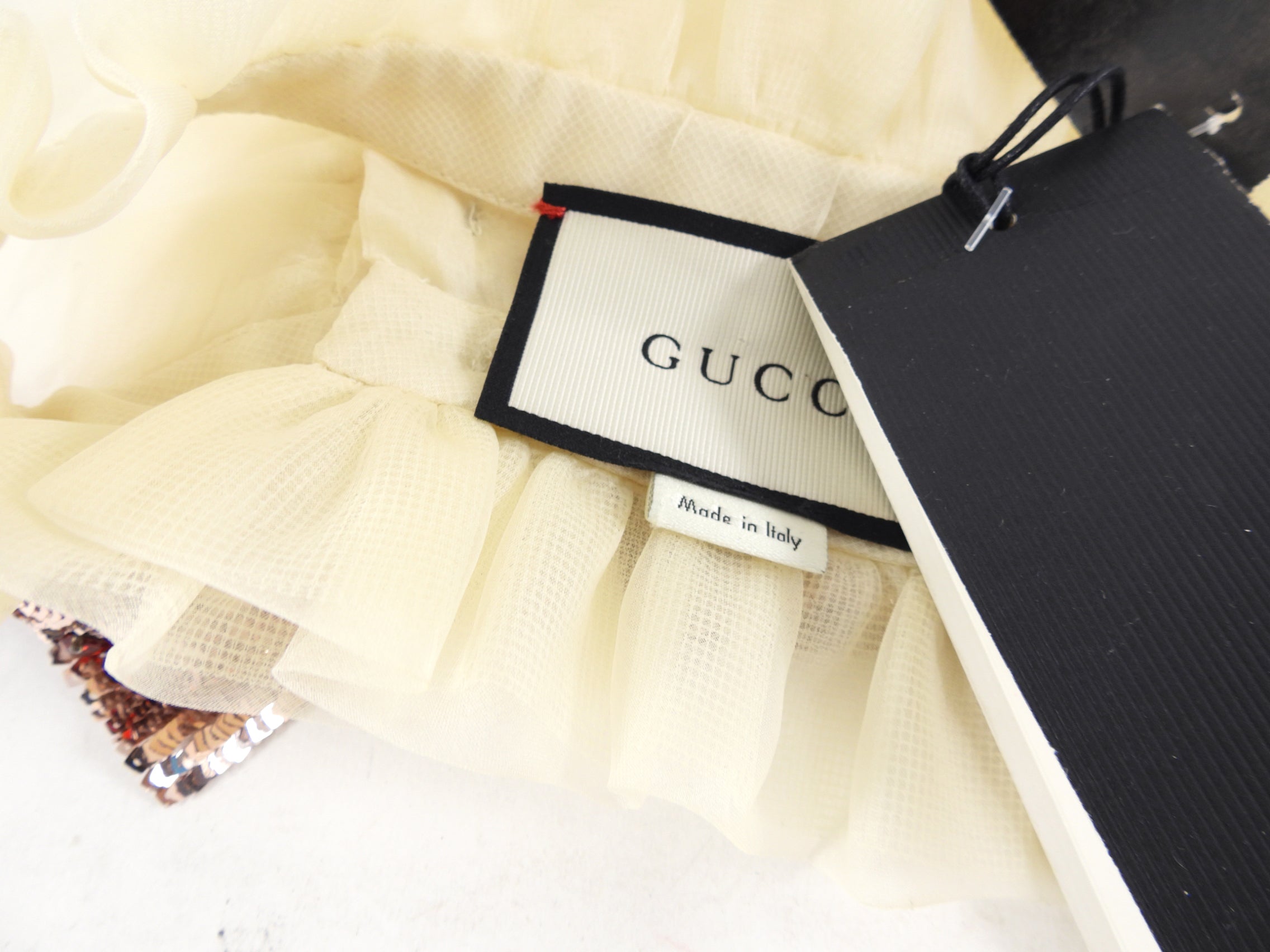 Gucci Ivory Sheer Organza Ruffle Blouse with Sequin Collar - M