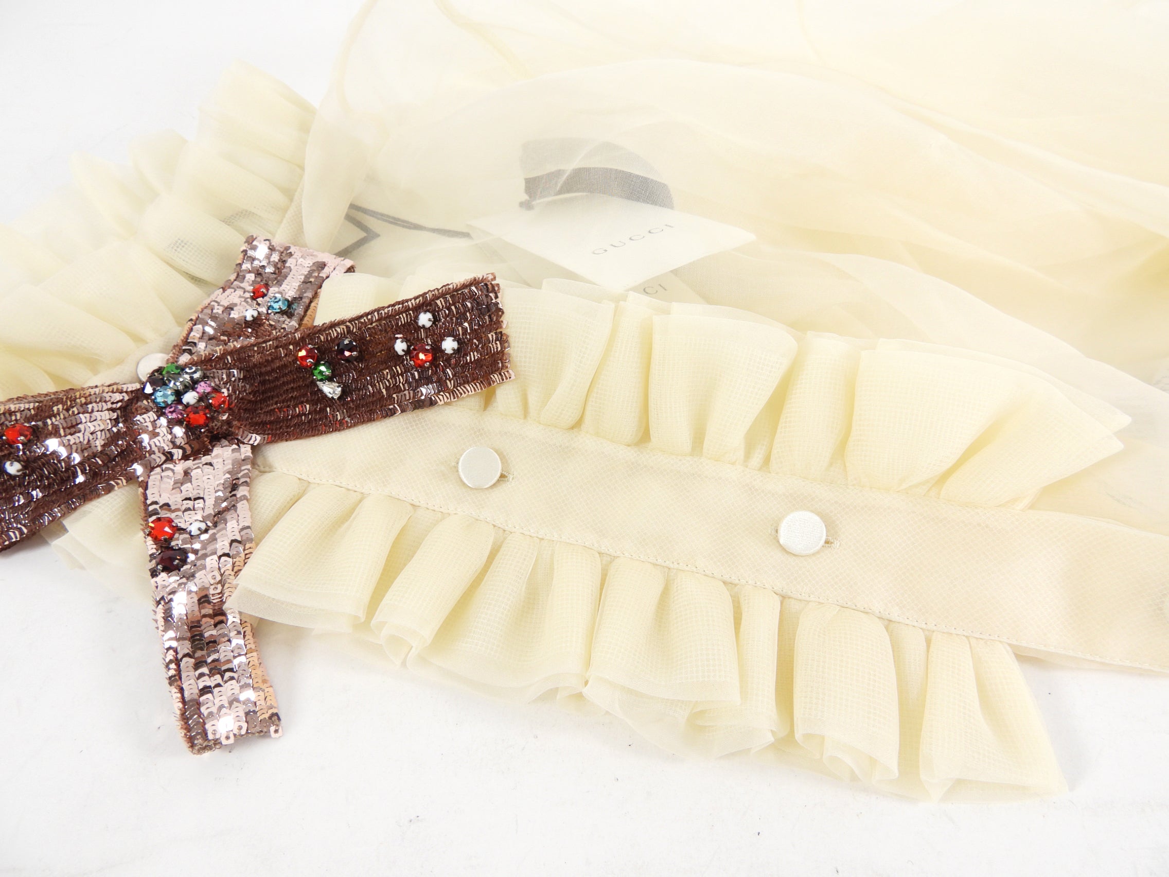 Gucci Ivory Sheer Organza Ruffle Blouse with Sequin Collar - M