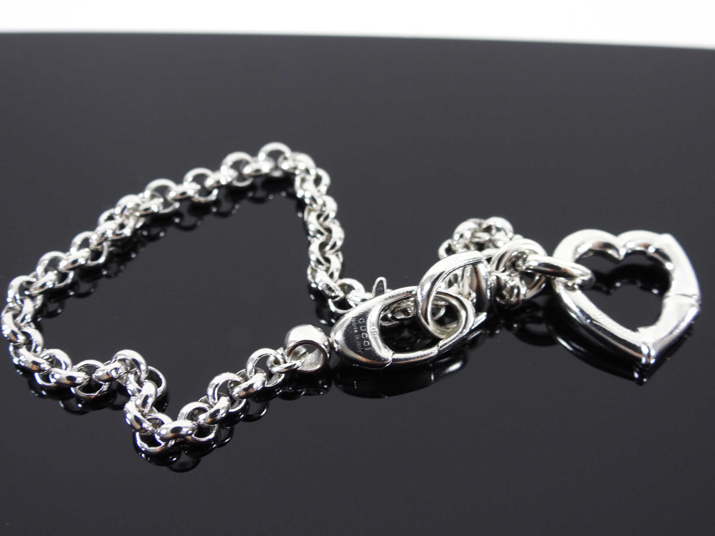 Gucci Sterling Silver Bamboo Heart Charm Link Bracelet
