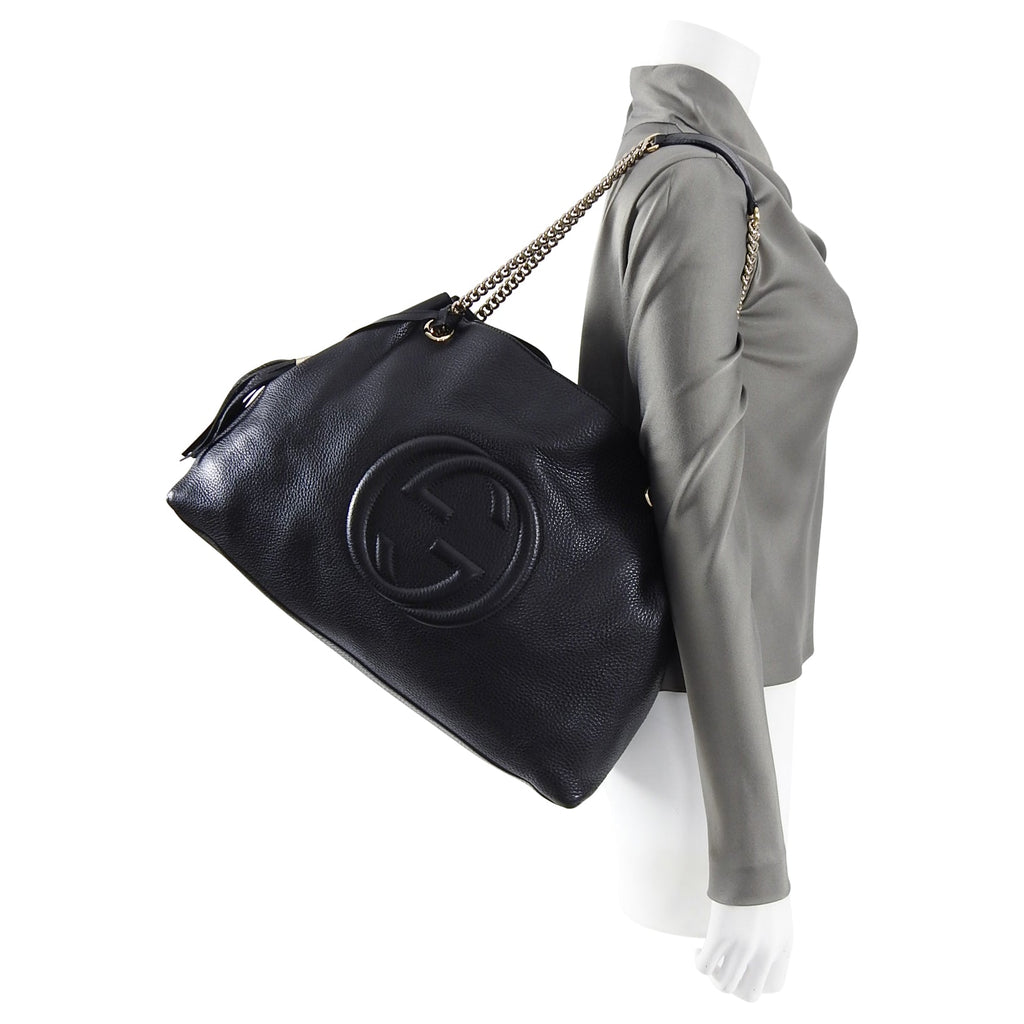 Gucci Black Leather Large GG Logo Soho Chain Tote Bag